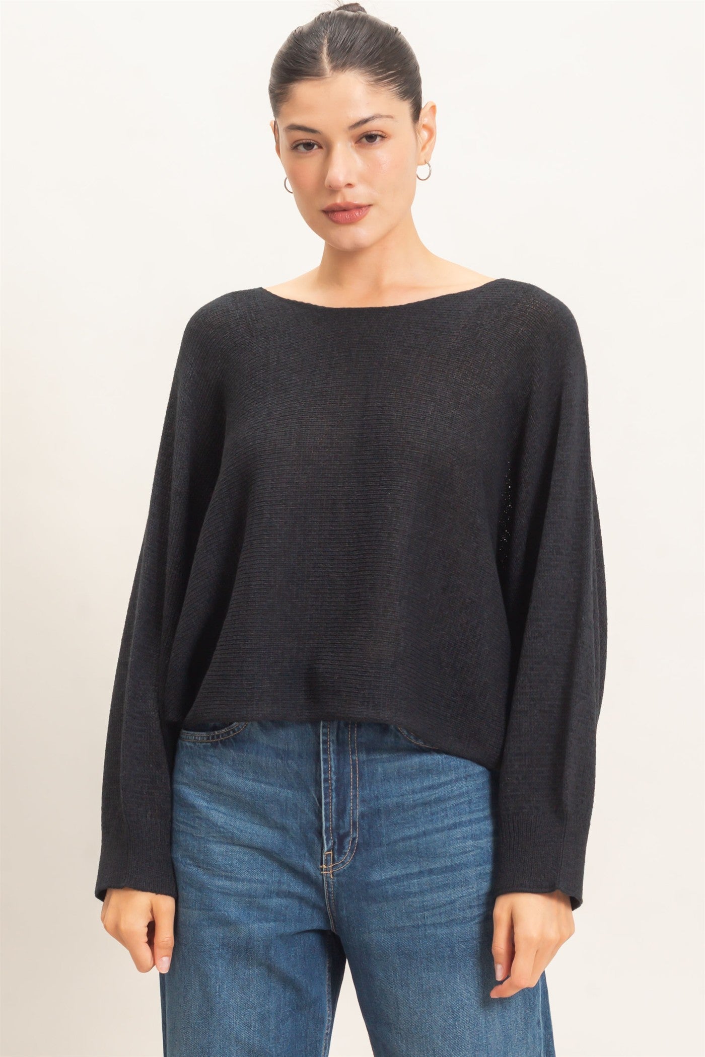 Wholesale Loose Knit Boat Neck Sweater Sweaters HF26E896 BLACK HYFVE