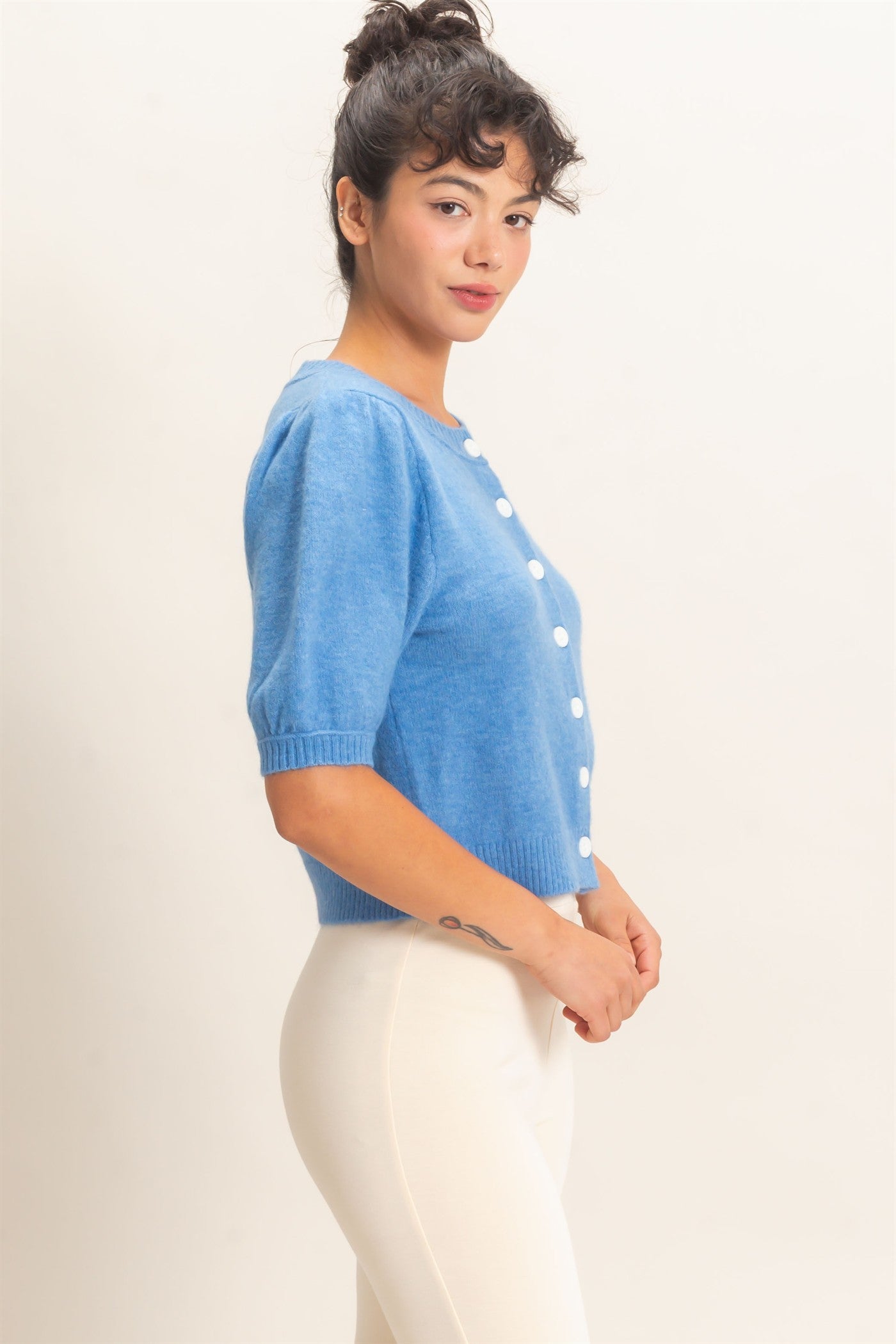 Wholesale Button Front Puff Short Sleeve Cardigan Cardigans DZ26C960 BLUE DOUBLE ZERO
