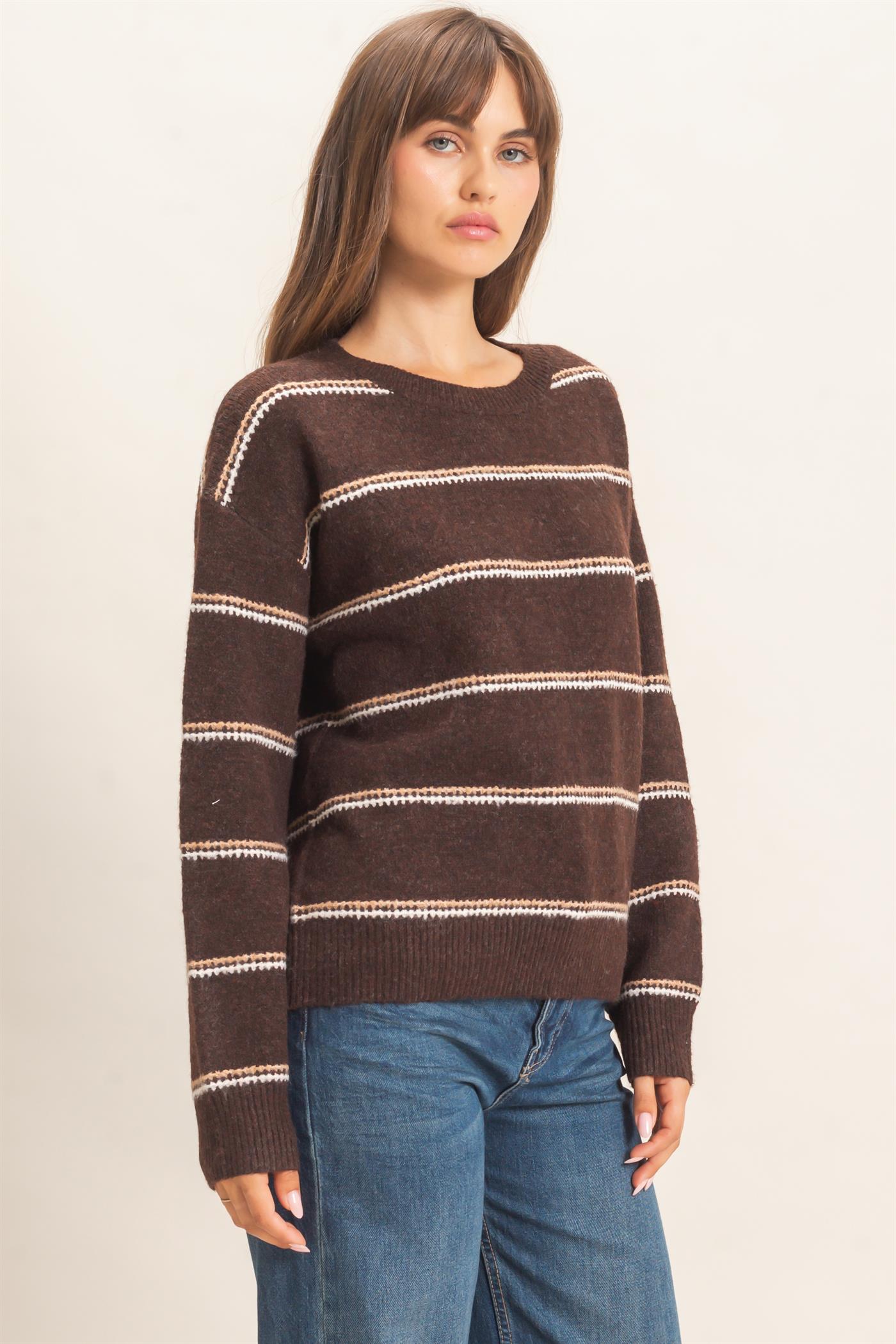 Wholesale Striped Crew Neck Sweater Sweaters HF26E696-D BROWN HYFVE