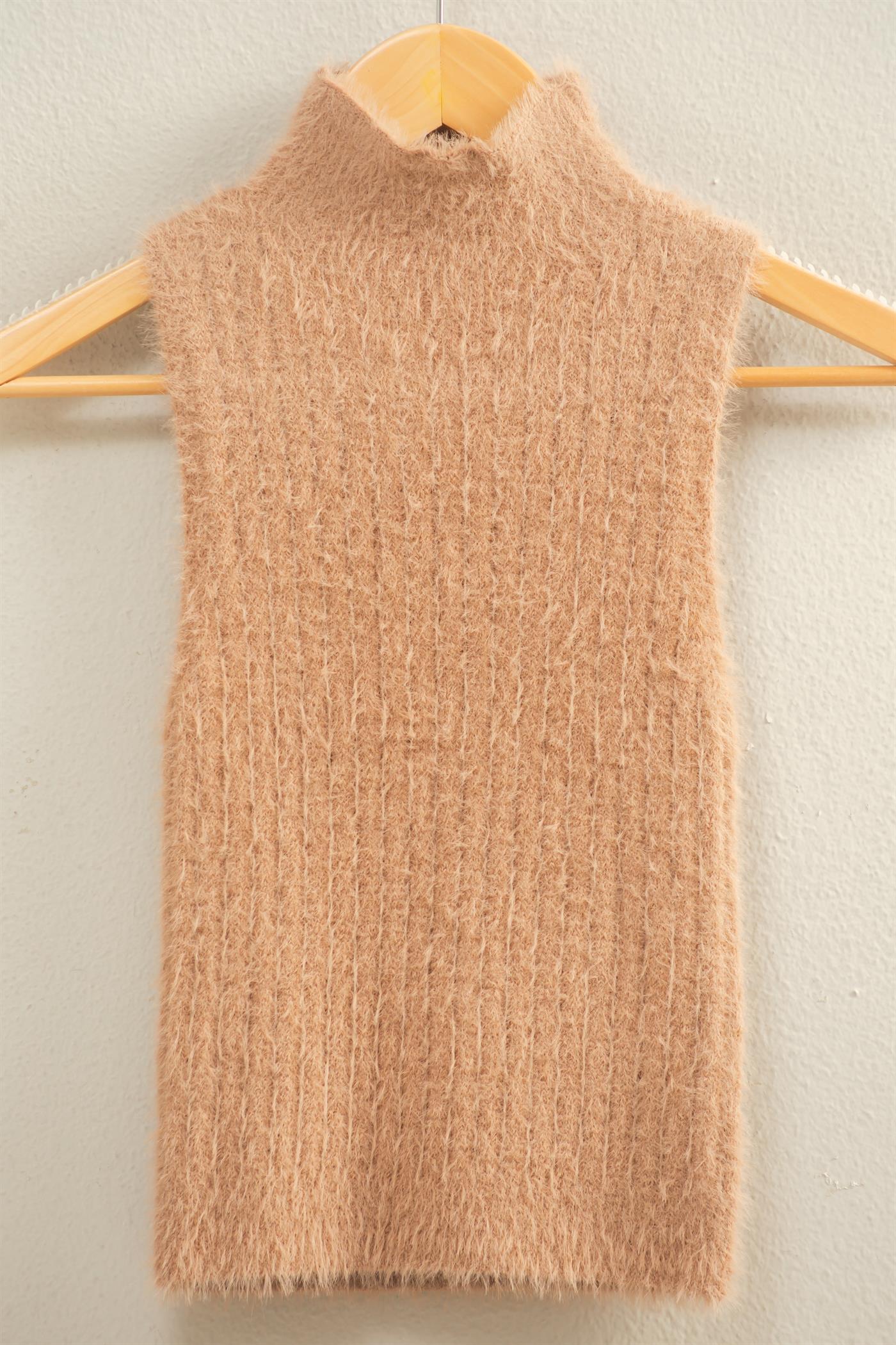 Wholesale Ribbed Sleeveless High Neck Knit Top Clothing Tops DZ25F113 DARK TAUPE HYFVE