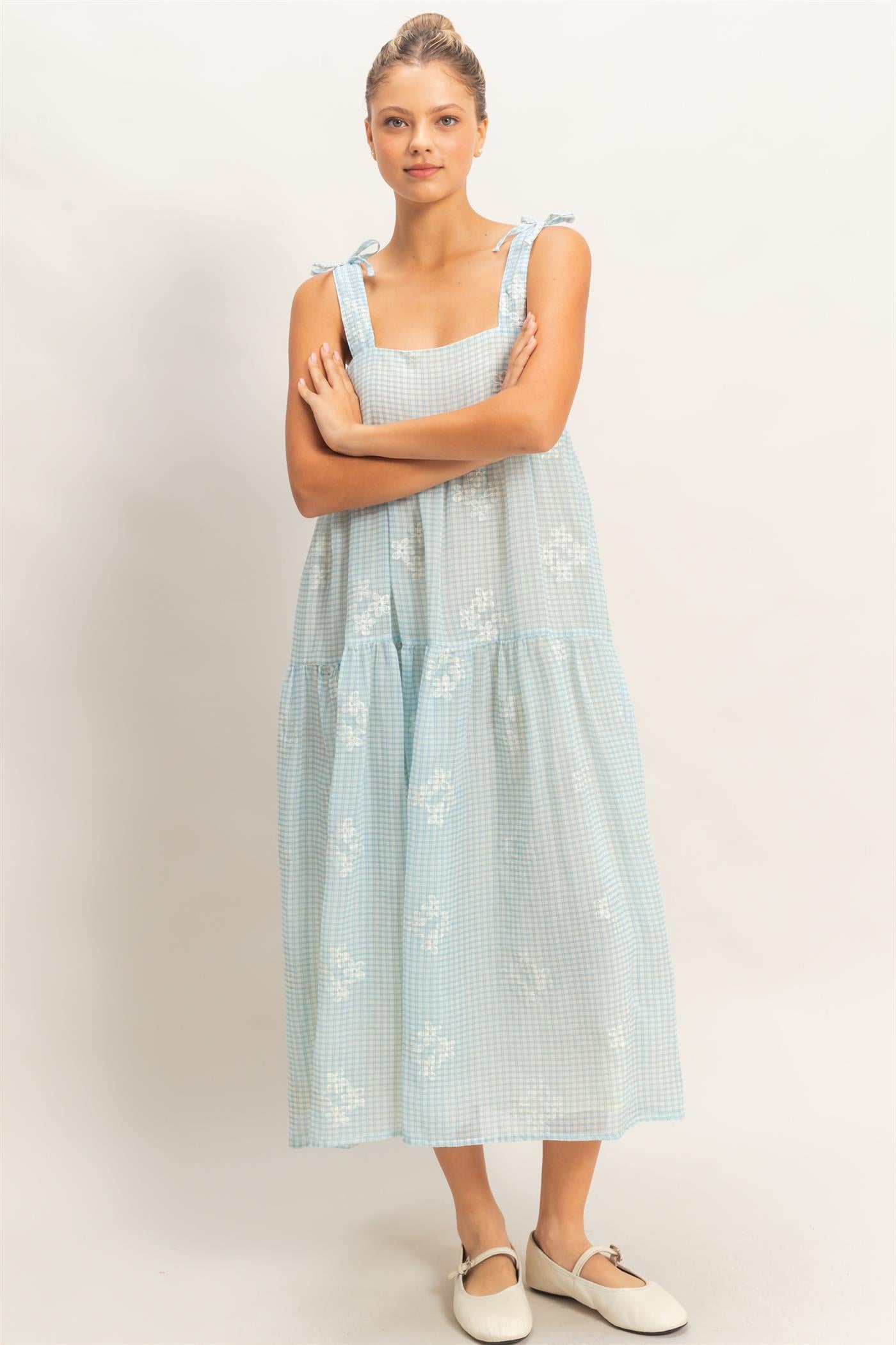 Wholesale Tiered Gingham Dress With Embroidery Dresses HF26A695 BLUE HYFVE