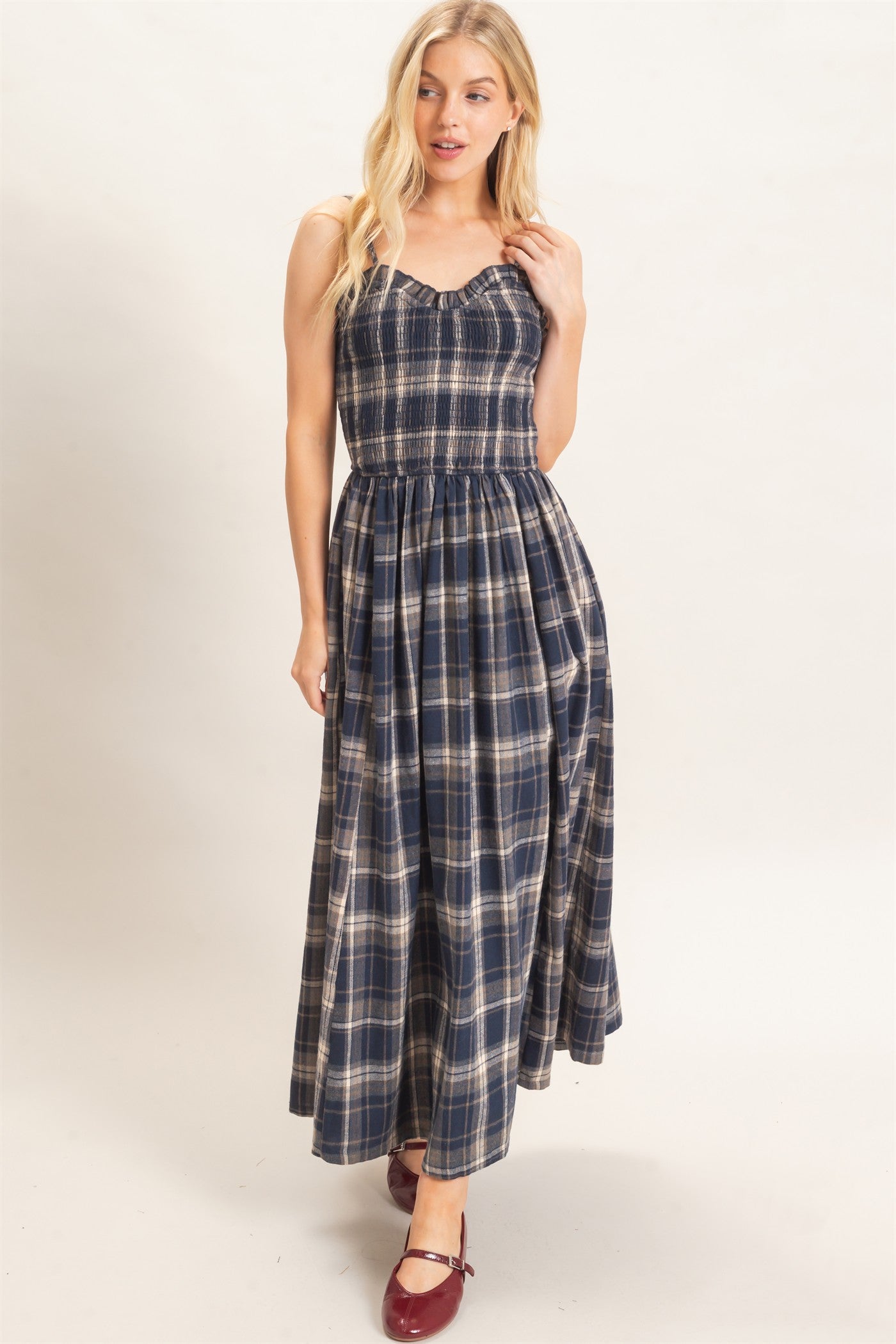 Wholesale Plaid Smocked Maxi Dress Dresses HF26C898 NAVY HYFVE