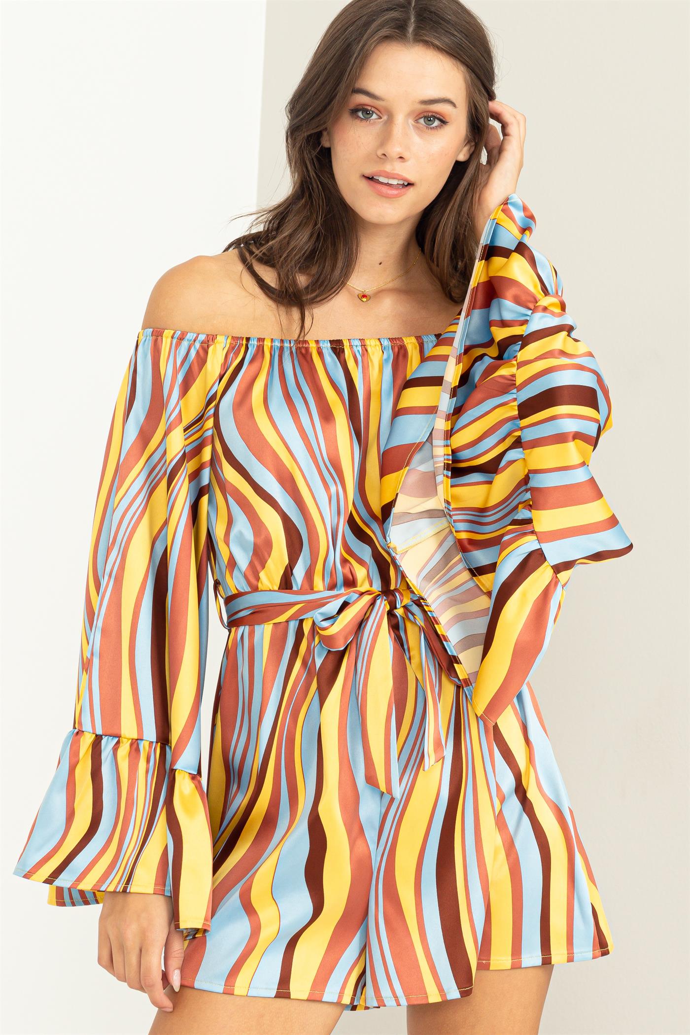 Wholesale Lover Swirl-Print Tie-Front Romper One-Pieces HF23E350 BROWN MULTI HYFVE