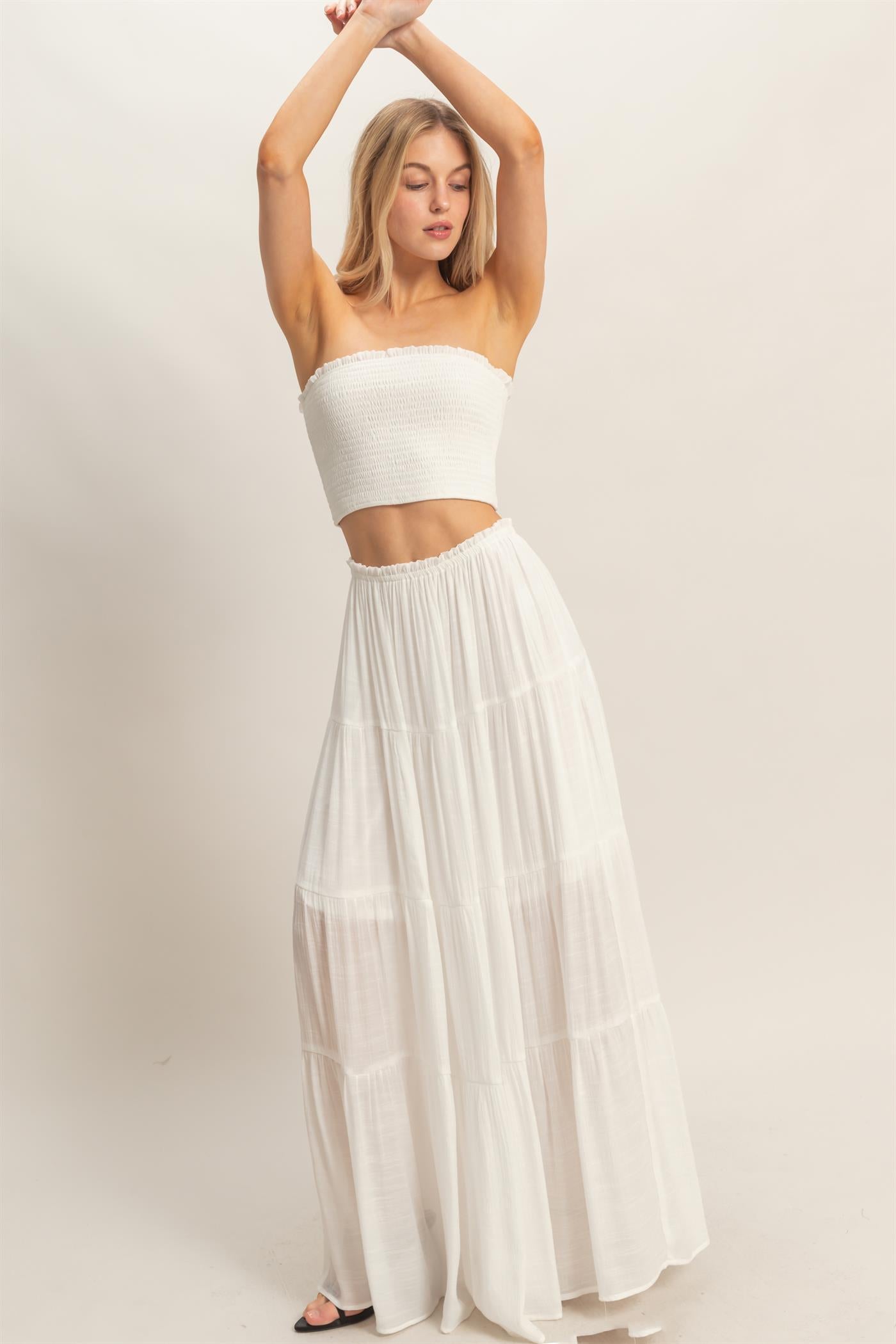 Wholesale Smocked Tube Top & Tiered Skirt Set Clothing HF26C289-SET-D WHITE HYFVE