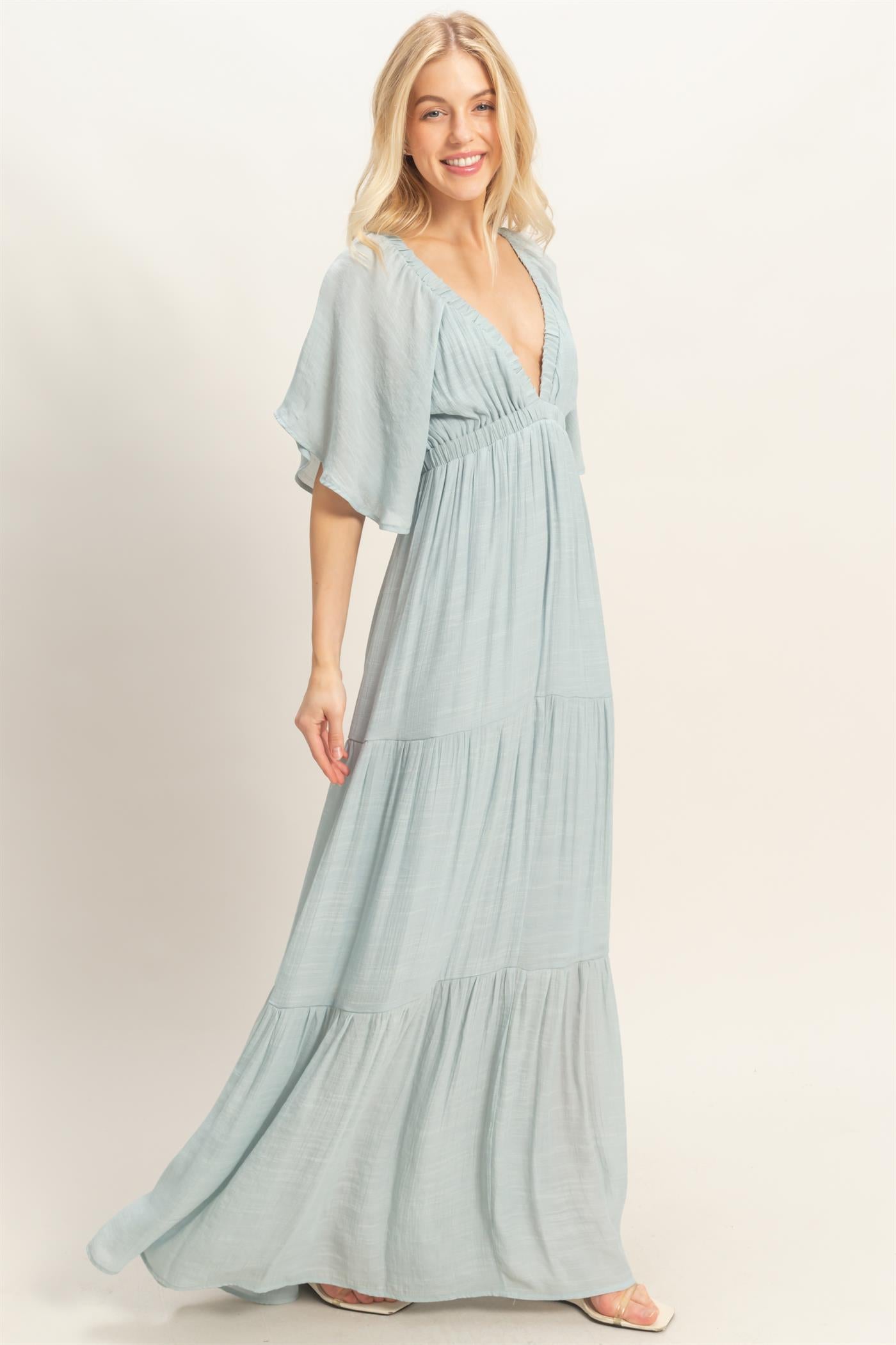 Wholesale Flutter Sleeve Maxi Dress Dresses HF26C285-D D.BLUE HYFVE