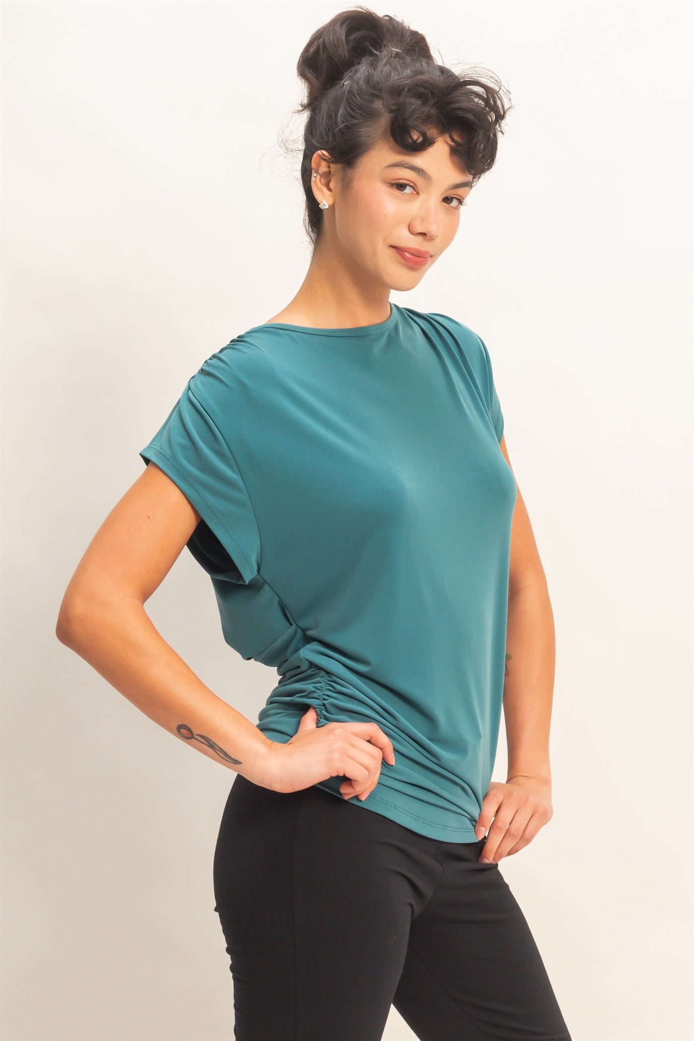 Wholesale Cowl Back Draped Cap Sleeve Top Clothing Tops DZ26C025 DARK TEAL DOUBLE ZERO