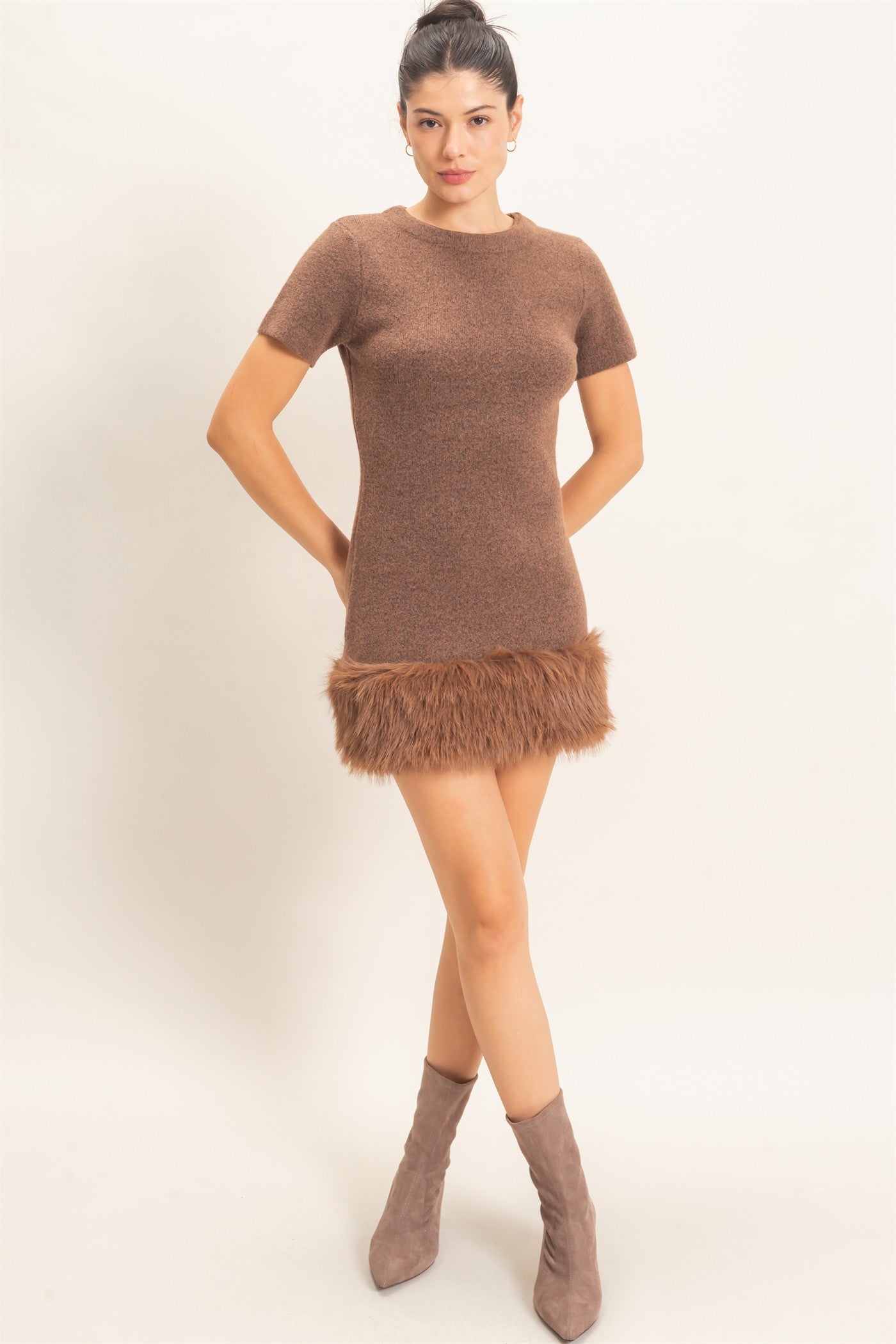 Wholesale Faux Fur Trim Knit Dress Dresses HF26E785-D BROWN HYFVE