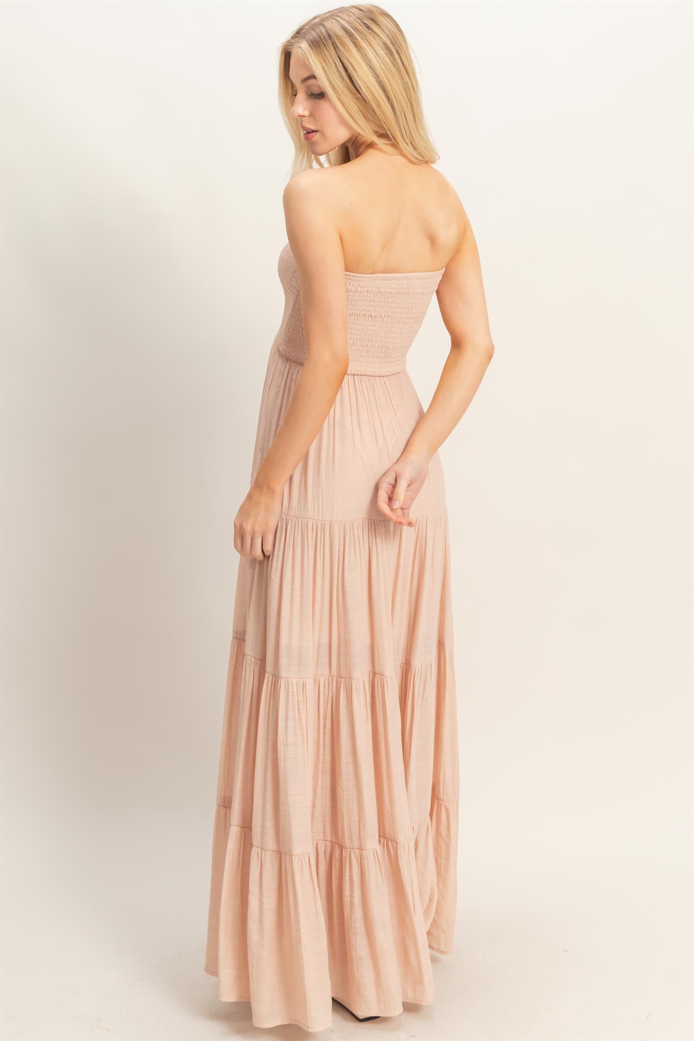 Wholesale Smocked Elastic Neck Maxi Dress Dresses HF26C284-D ALMOND HYFVE