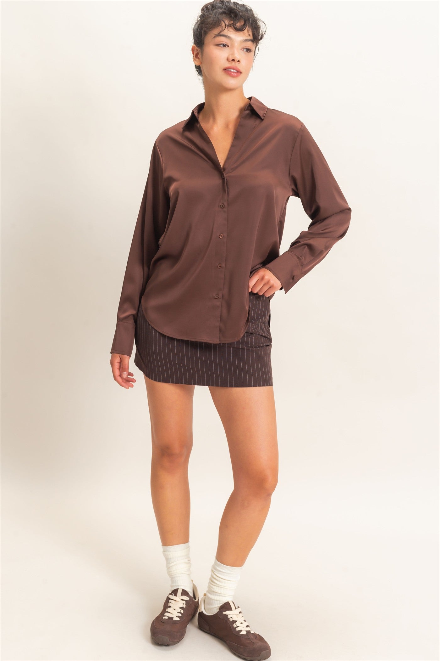 Wholesale Satin Button-Down Shirts Shirts DZ26E265 DARK BROWN DOUBLE ZERO
