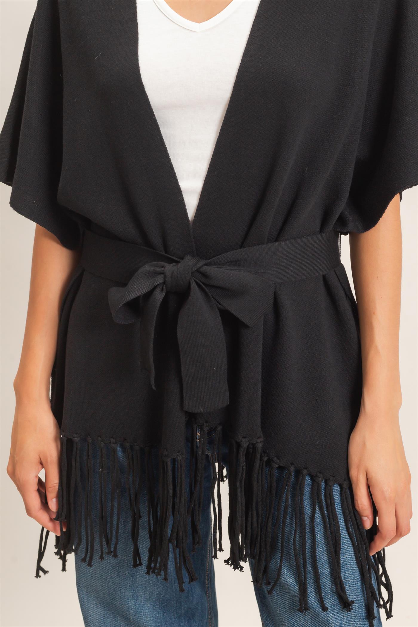 Wholesale Fringe Hem Kimono Sweater Kimonos HF26E041 BLACK HYFVE