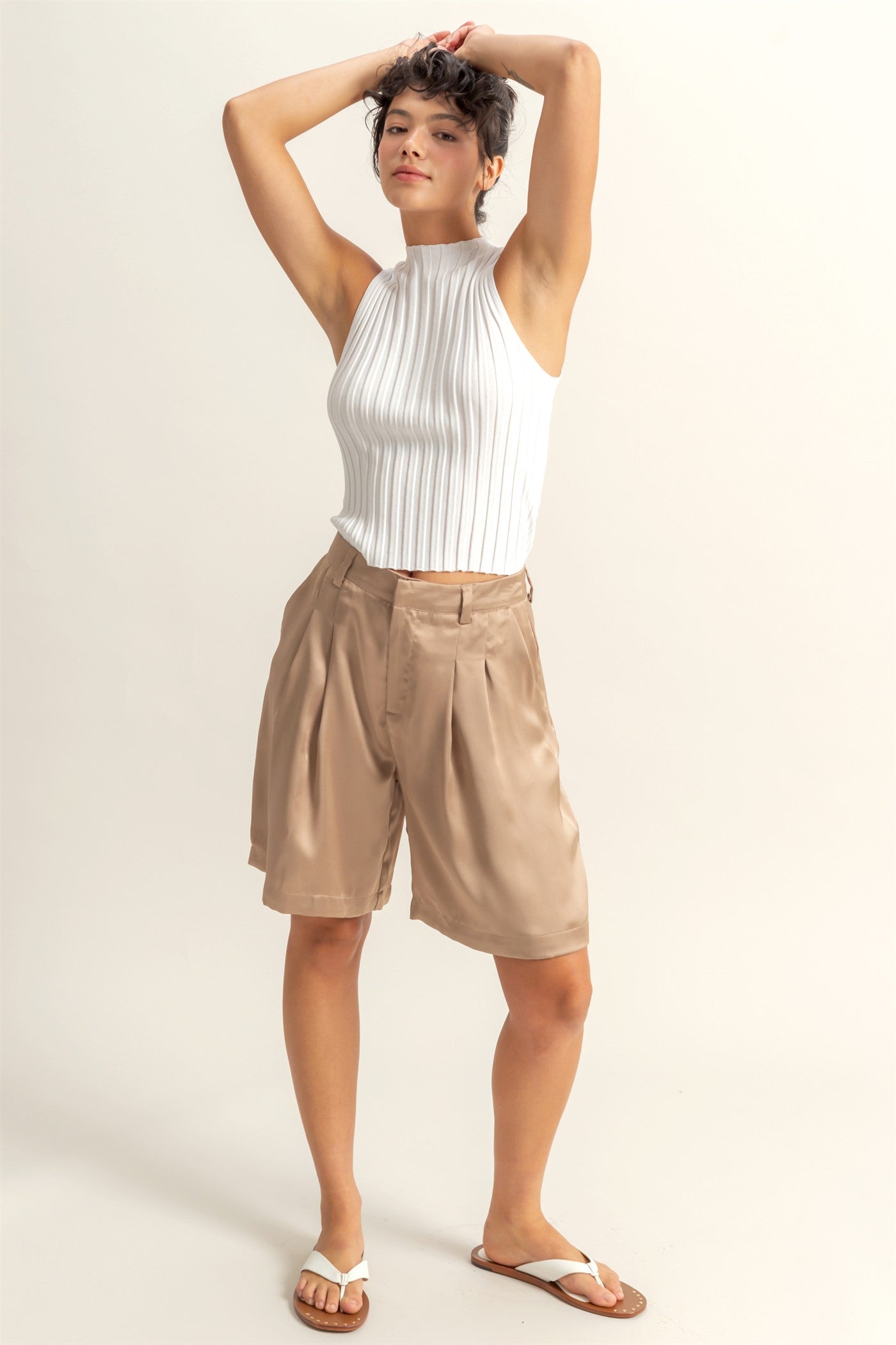 Wholesale High-Waist Pleated Satin Shorts Shorts DZ24E149 DARK TAUPE DOUBLE ZERO