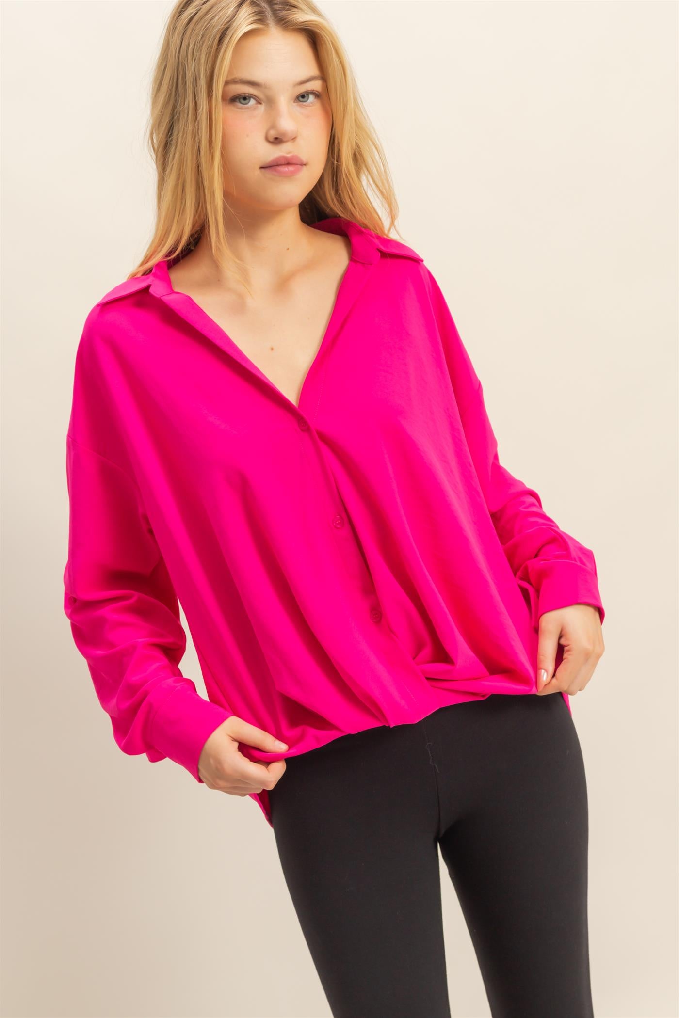 Wholesale Button-Down Blouse With Flowing Fit Clothing Tops HF25C543 FUCHSIA HYFVE