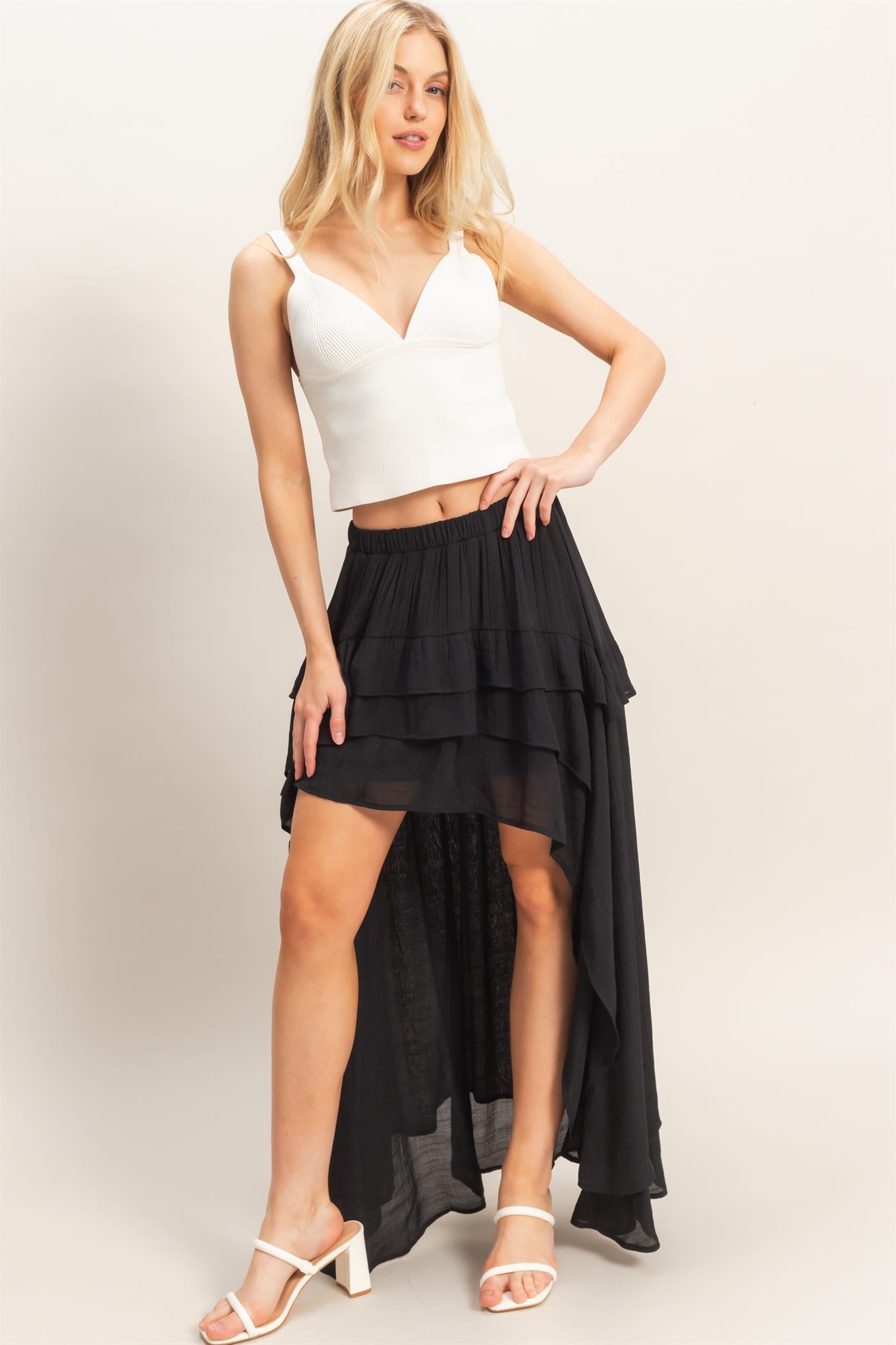 Wholesale Tiered Ruffle High-Low Skirt Skirts HF26C194 BLACK HYFVE