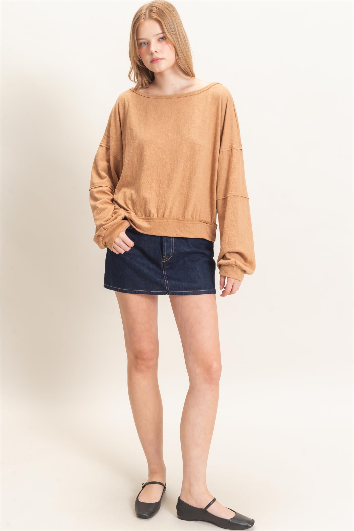 Wholesale Relaxed Boat Neck Long Sleeve Top Clothing Tops HF25F340 LIGHT BROWN HYFVE