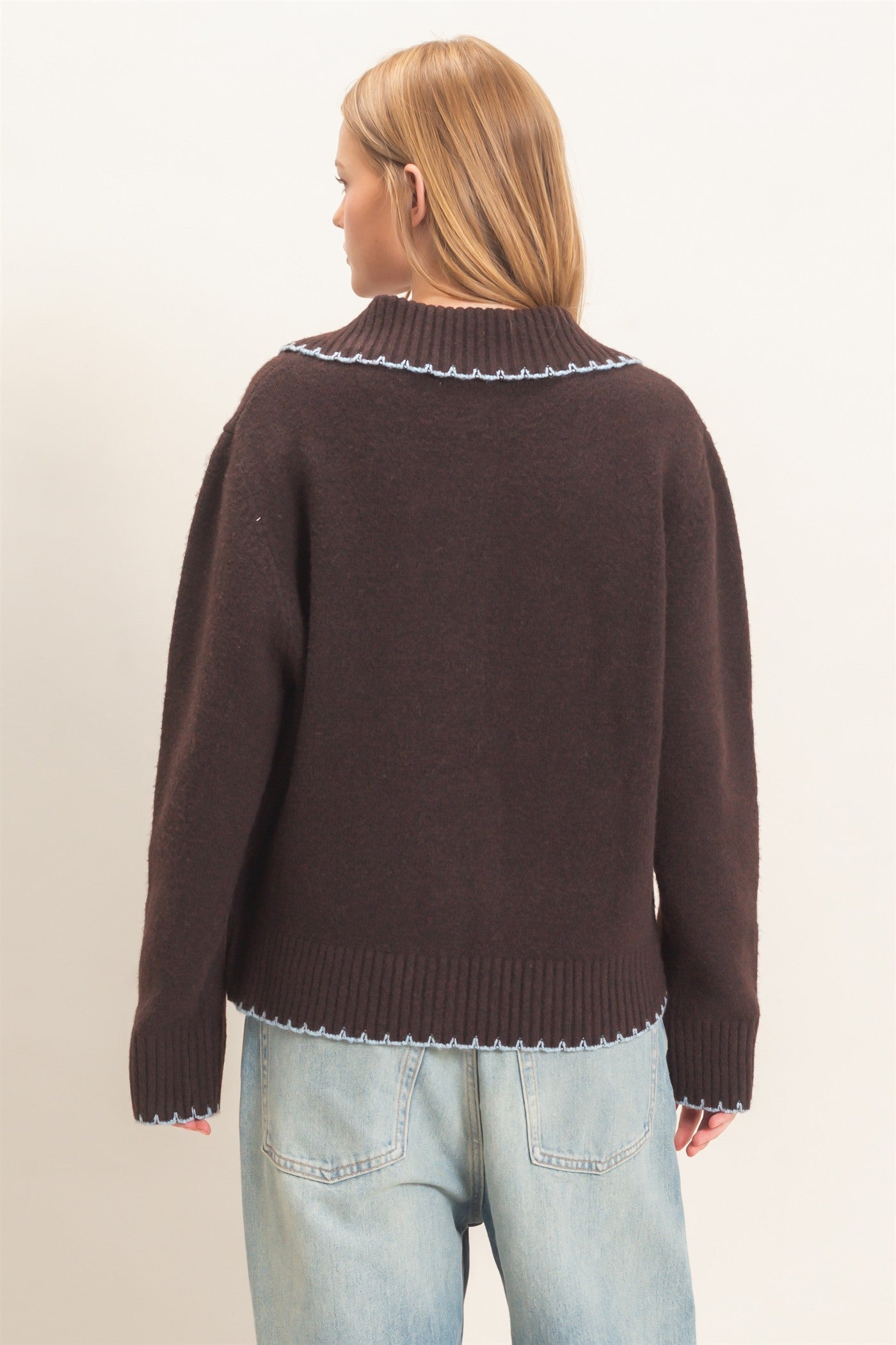 Wholesale Blanket Stitch Collared Cardigan Cardigans HF26F356 CHOCOLATE HYFVE