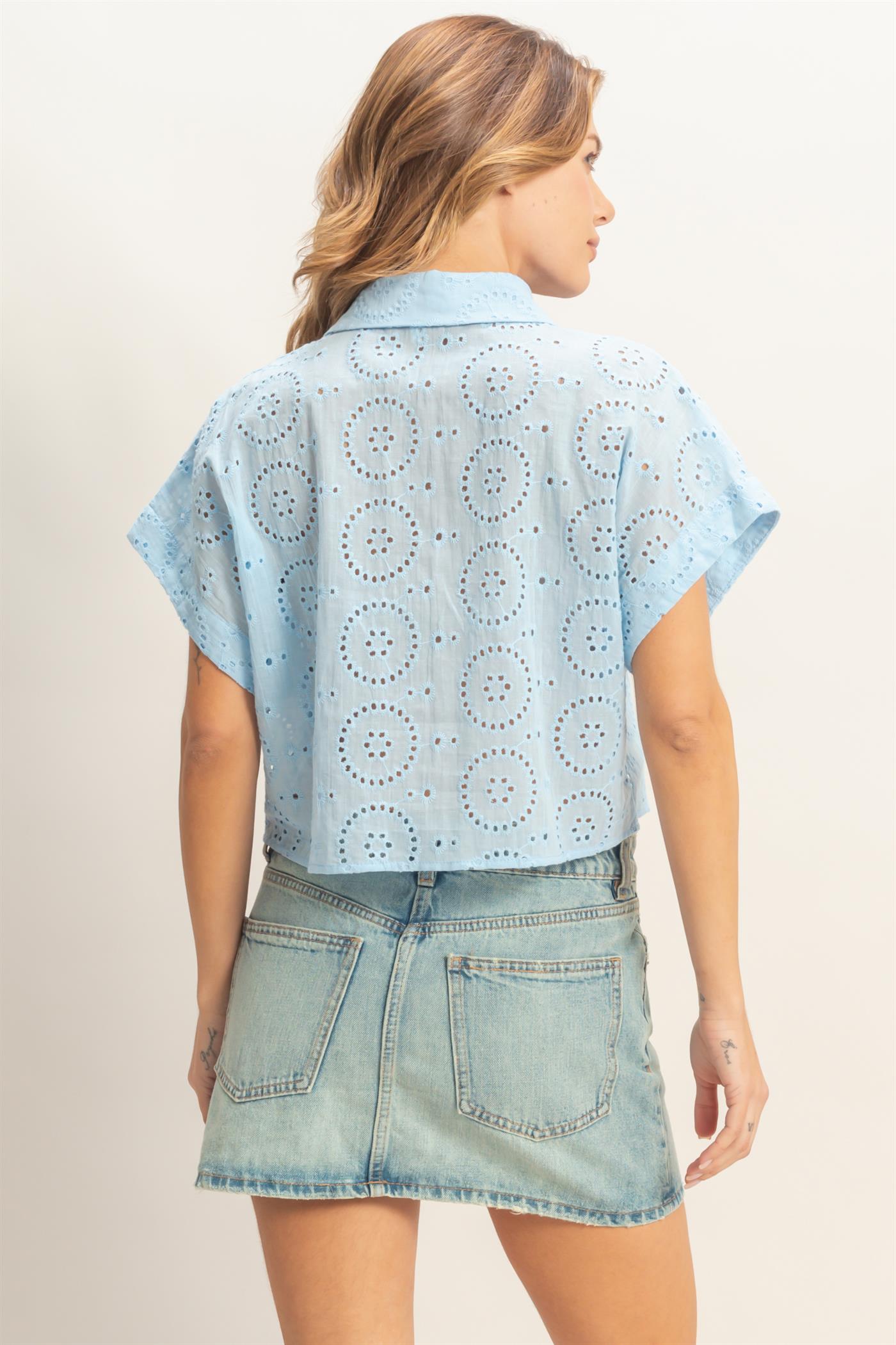 Wholesale Eyelet Cropped Button-Up Shirt Clothing Tops HF26C297 L.BLUE HYFVE