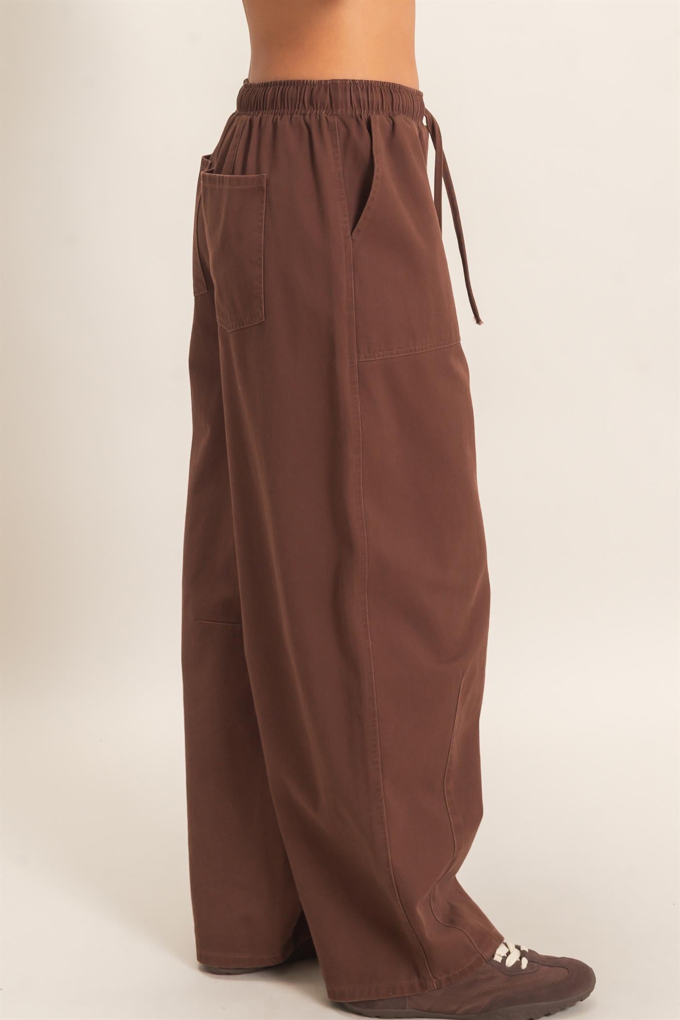 Wholesale Twill Elastic Waist Barrel Pants Pants DZ27A228 DARK BROWN DOUBLE ZERO