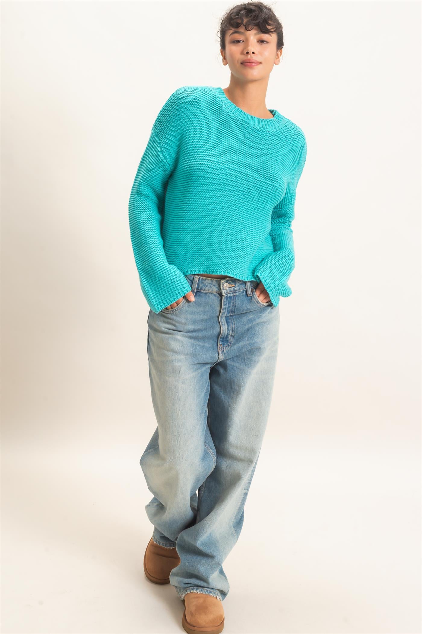 Wholesale Textured Knit Crew Neck Sweater Sweaters DZ26F395 TURQUOISE DOUBLE ZERO