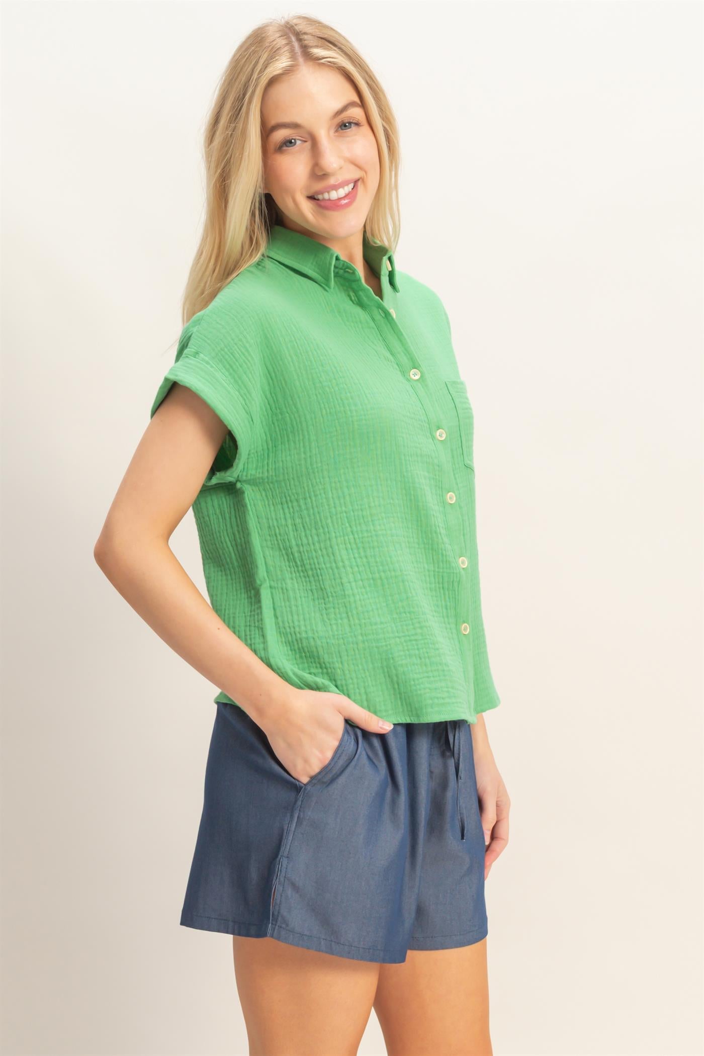 Wholesale Rolled Sleeve Button-Up Top Clothing Tops HF26E526 GREEN HYFVE