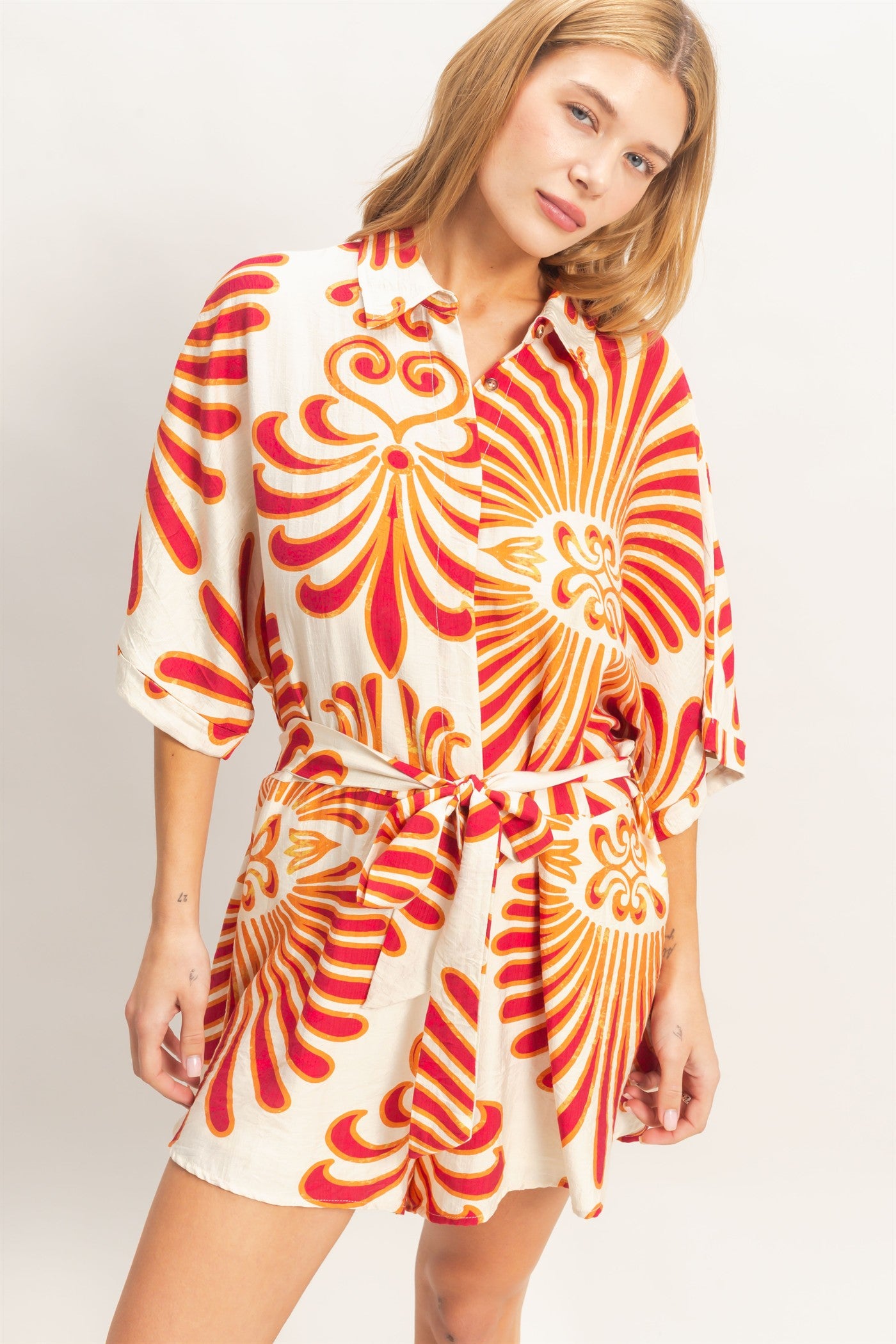 Wholesale Button-Down Print Romper Clothing HF26A003 RED HYFVE