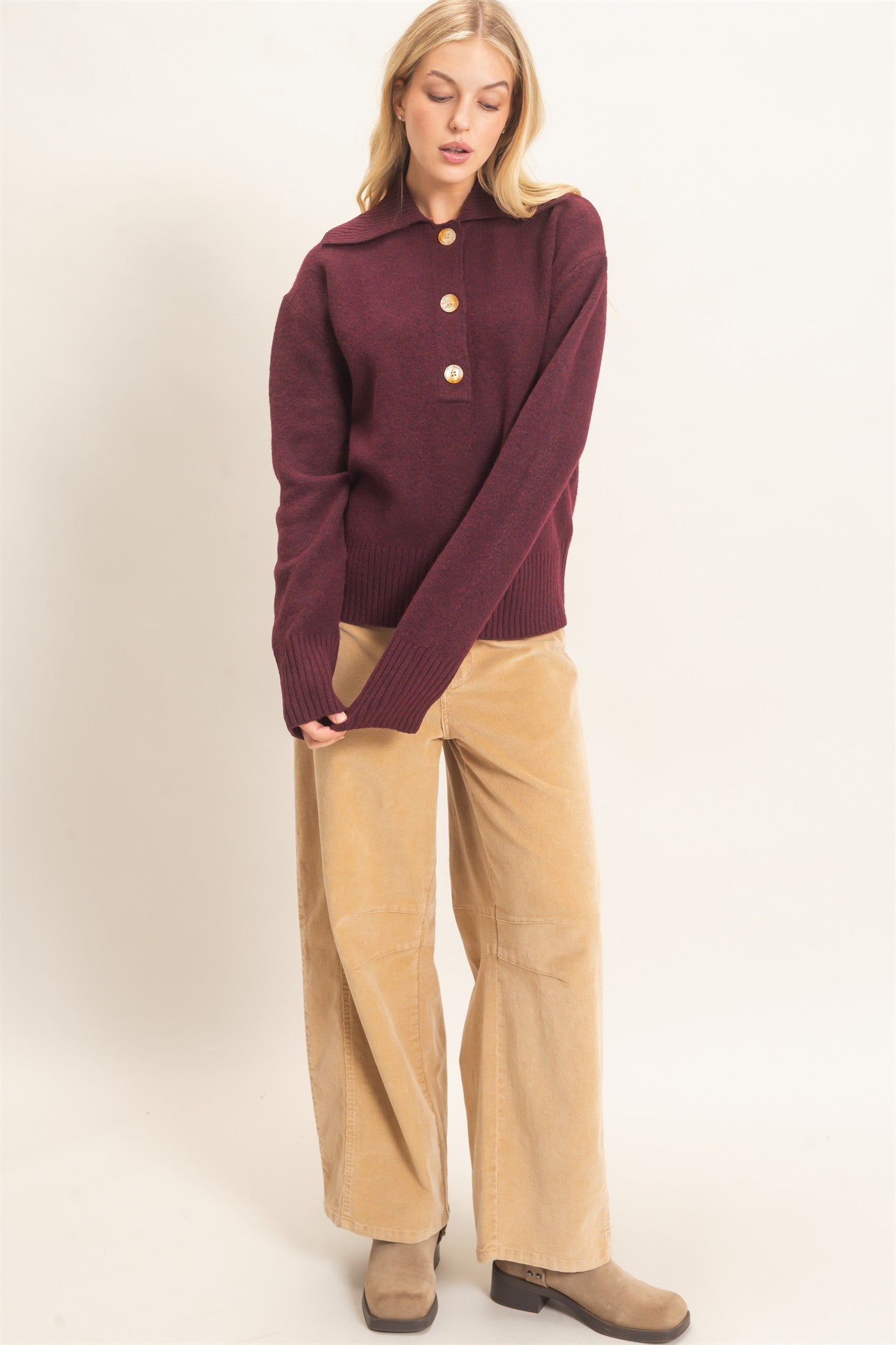 Wholesale Button-Up Collared Sweater Sweaters HF26E752 BURGUNDY HYFVE
