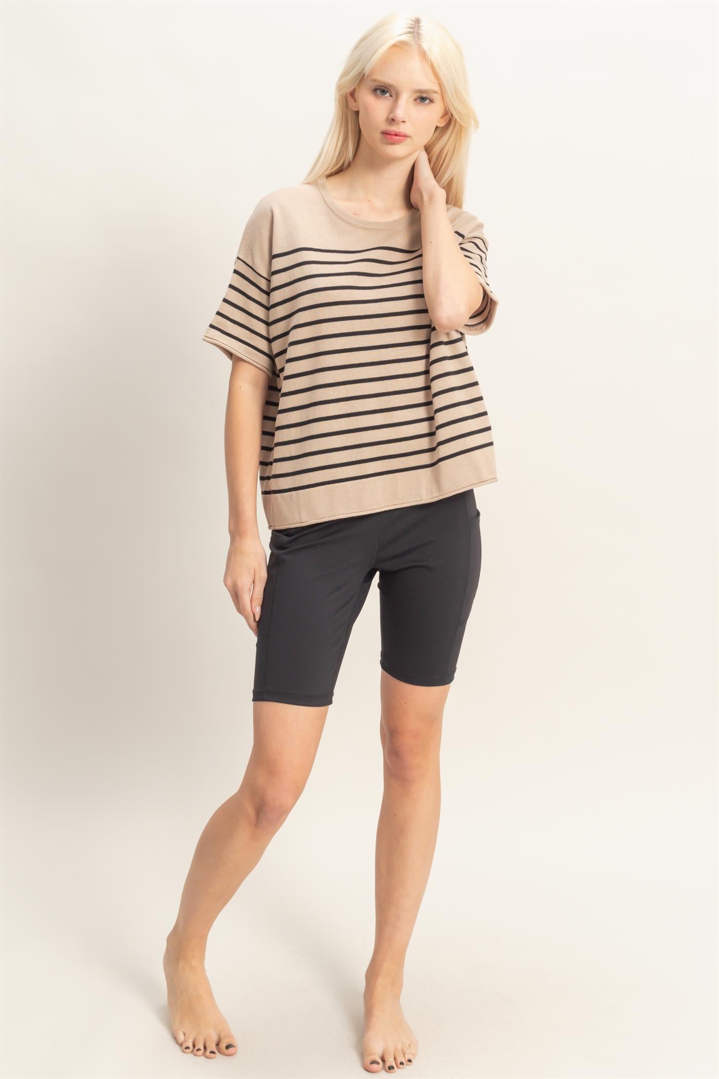 Wholesale Striped Short Sleeve Knit Top Clothing Tops DZ26A838 DARK TAUPE DOUBLE ZERO