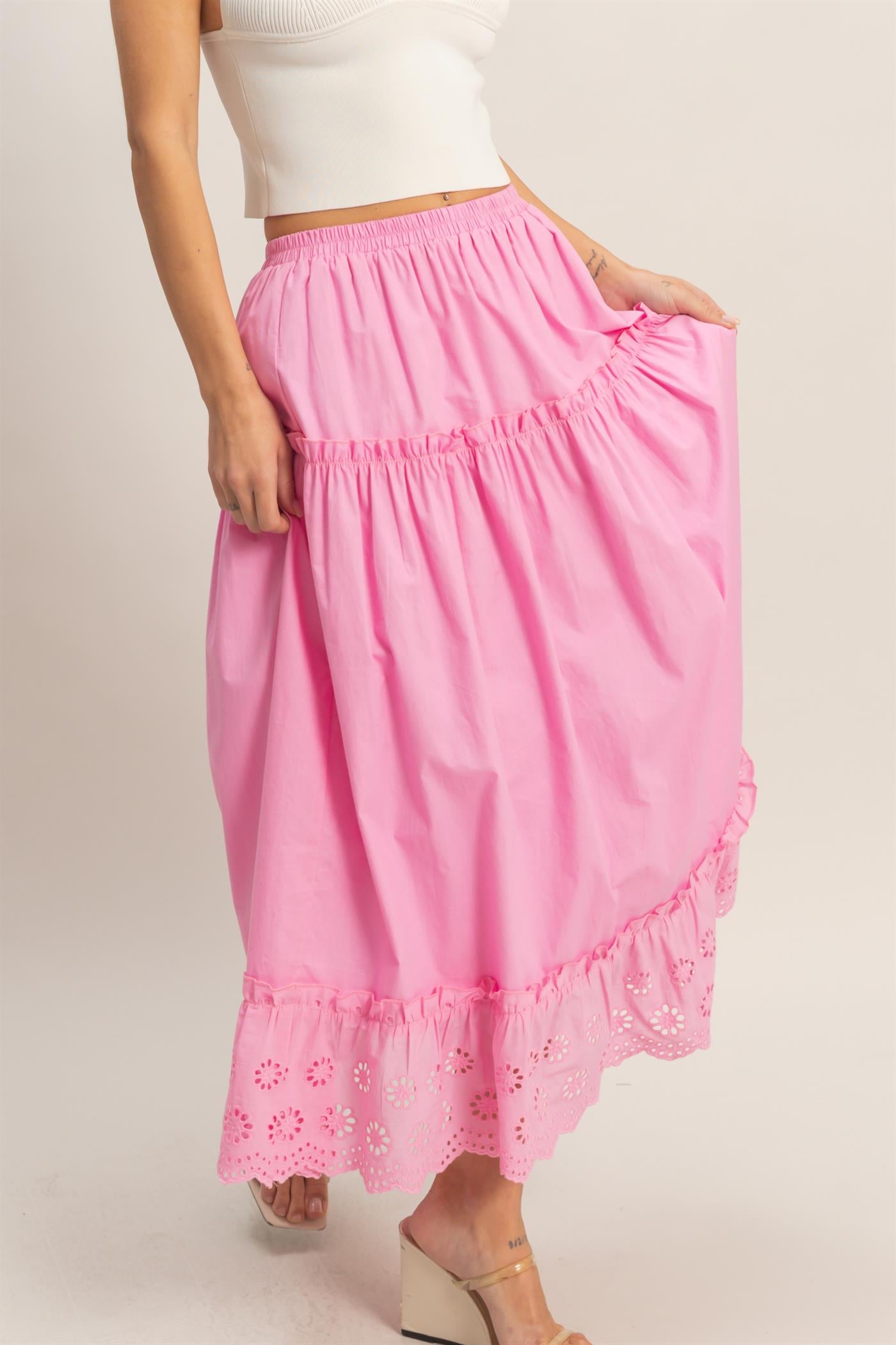 Wholesale Tiered Eyelet Maxi Skirt Skirts HF26C313 PINK HYFVE