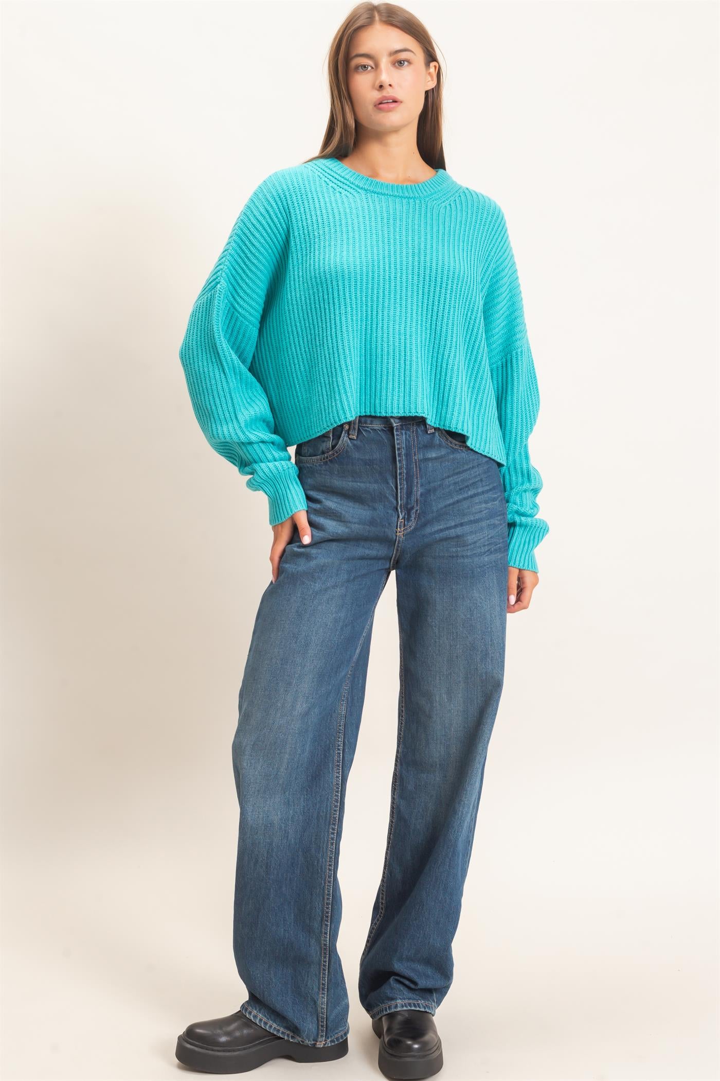 Wholesale Oversized Cropped Sweater Sweaters DZ26E252 TURQUOISE DOUBLE ZERO