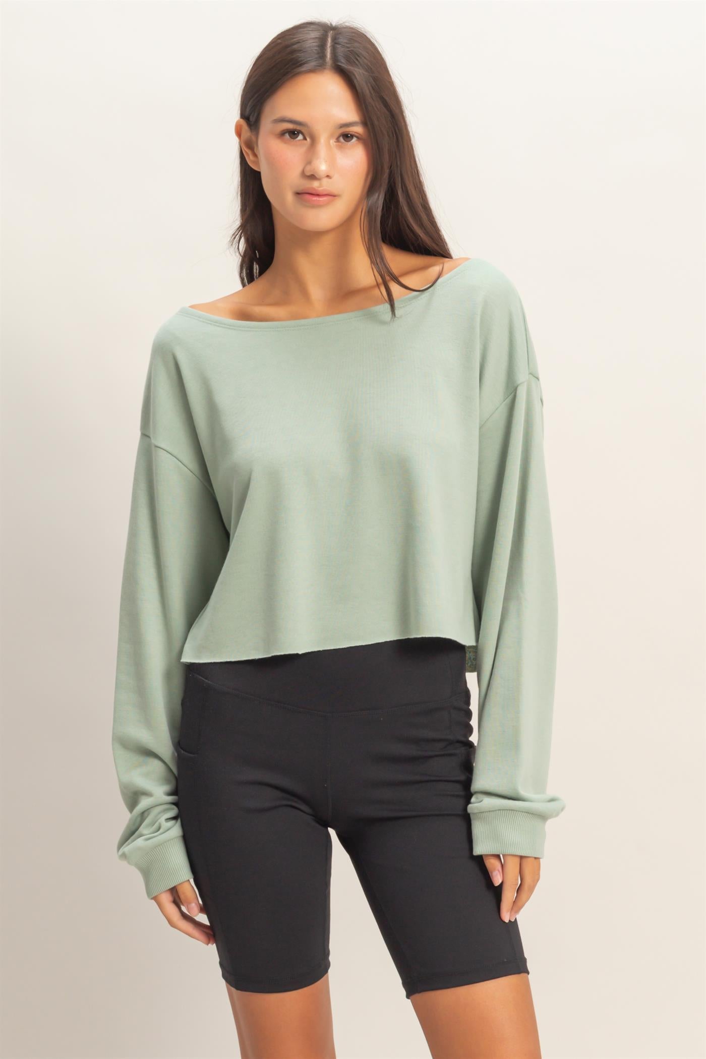 Wholesale Casually Cute Boat Neck Long Sleeve Top Clothing Tops DZ25C023 SAGE GREEN DOUBLE ZERO