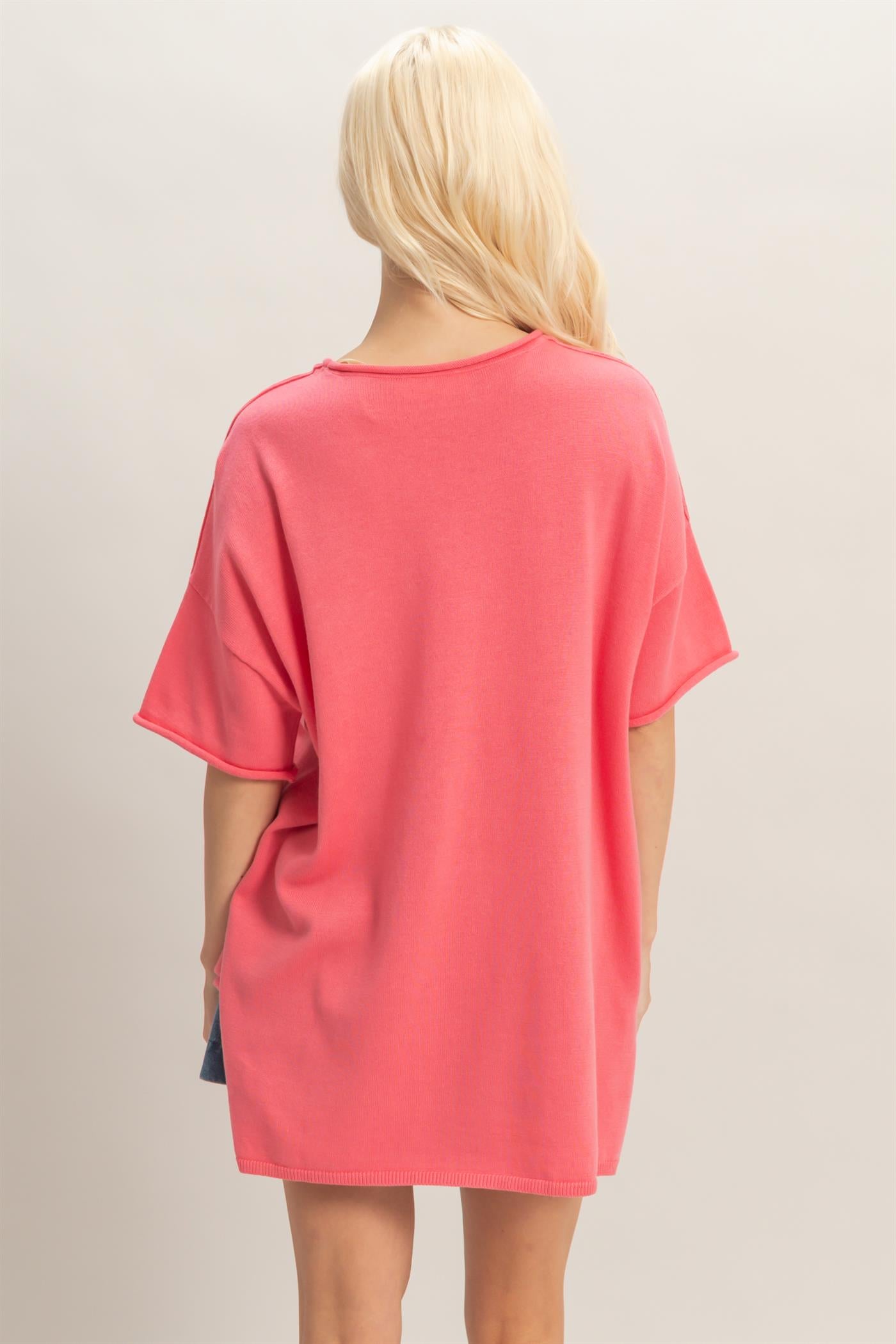Wholesale Oversized Short Sleeve Round Neck Pocket Knit Top Clothing Tops DZ26A691 TAFFY PINK DOUBLE ZERO