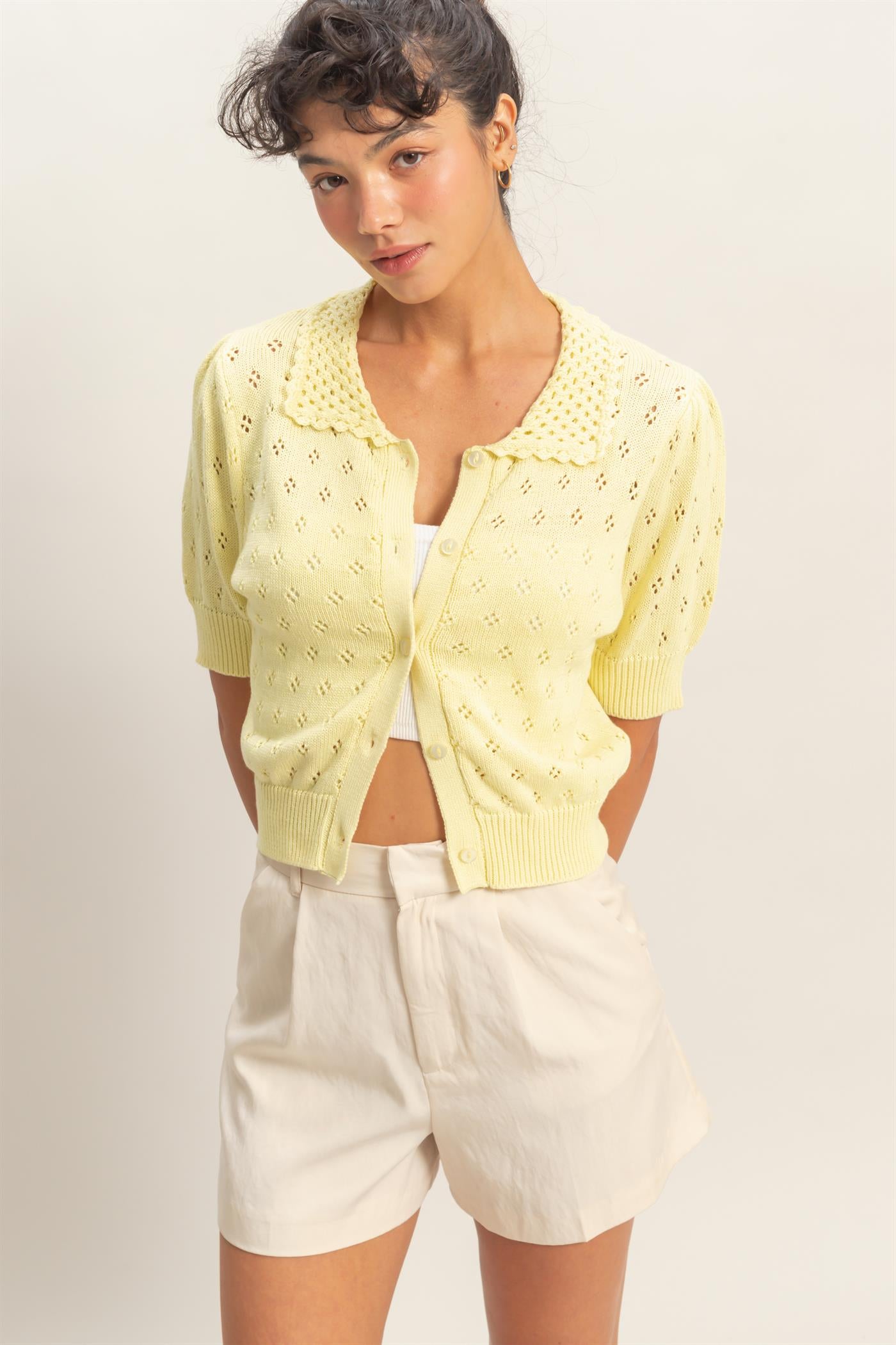 Wholesale Pointelle Collar Button-Up Puff Sleeve Knit Top Clothing Tops DZ26A748 PALE YELLOW HYFVE