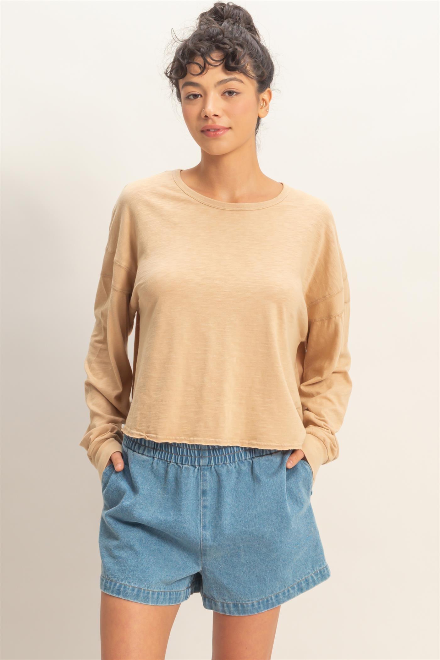 Wholesale Cross Detail Open Back Long-Sleeve Top Clothing Tops DZ26C731 DARK TAUPE DOUBLE ZERO