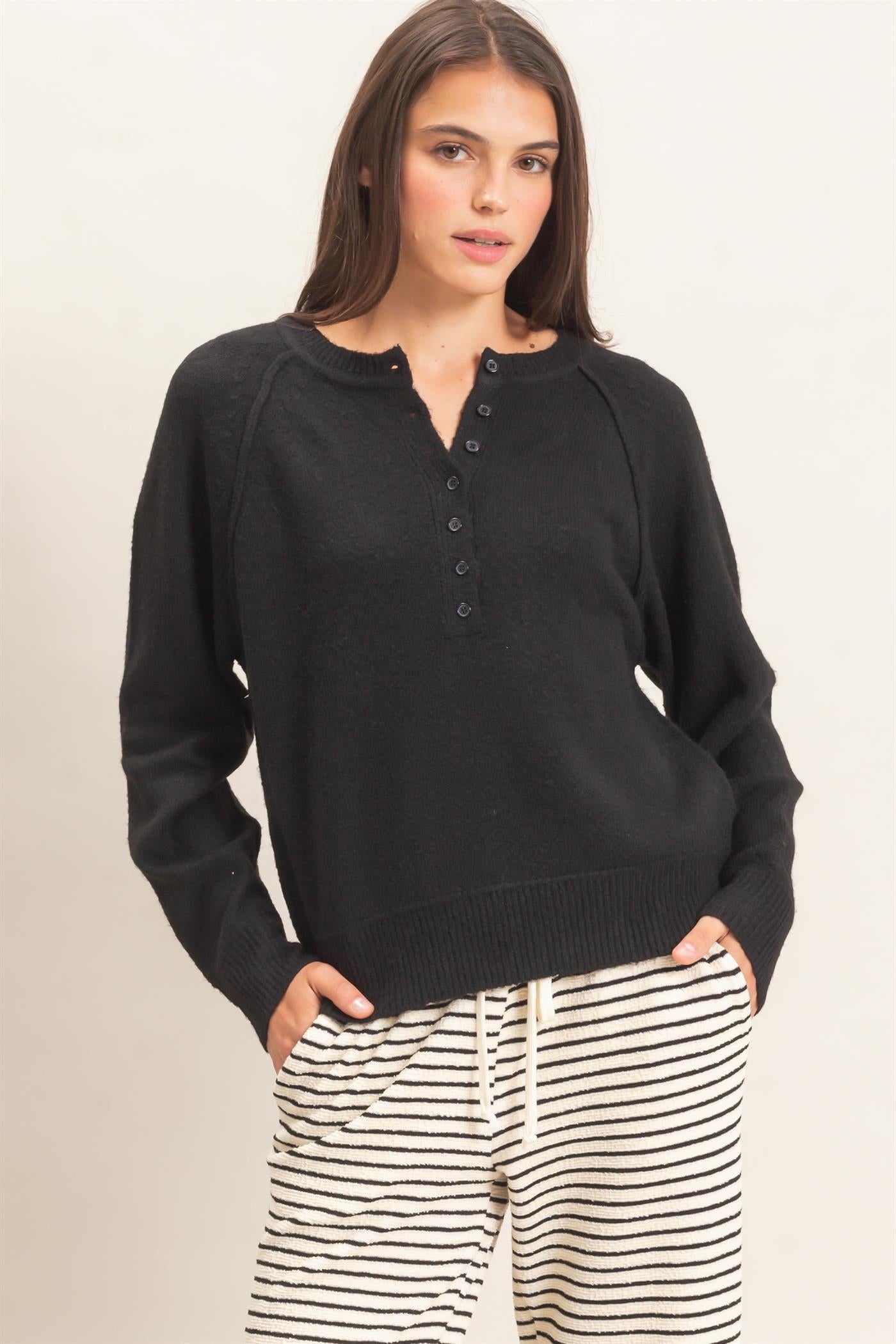 Wholesale Button Front Raglan Sweater Sweaters HF26E152 BLACK HYFVE