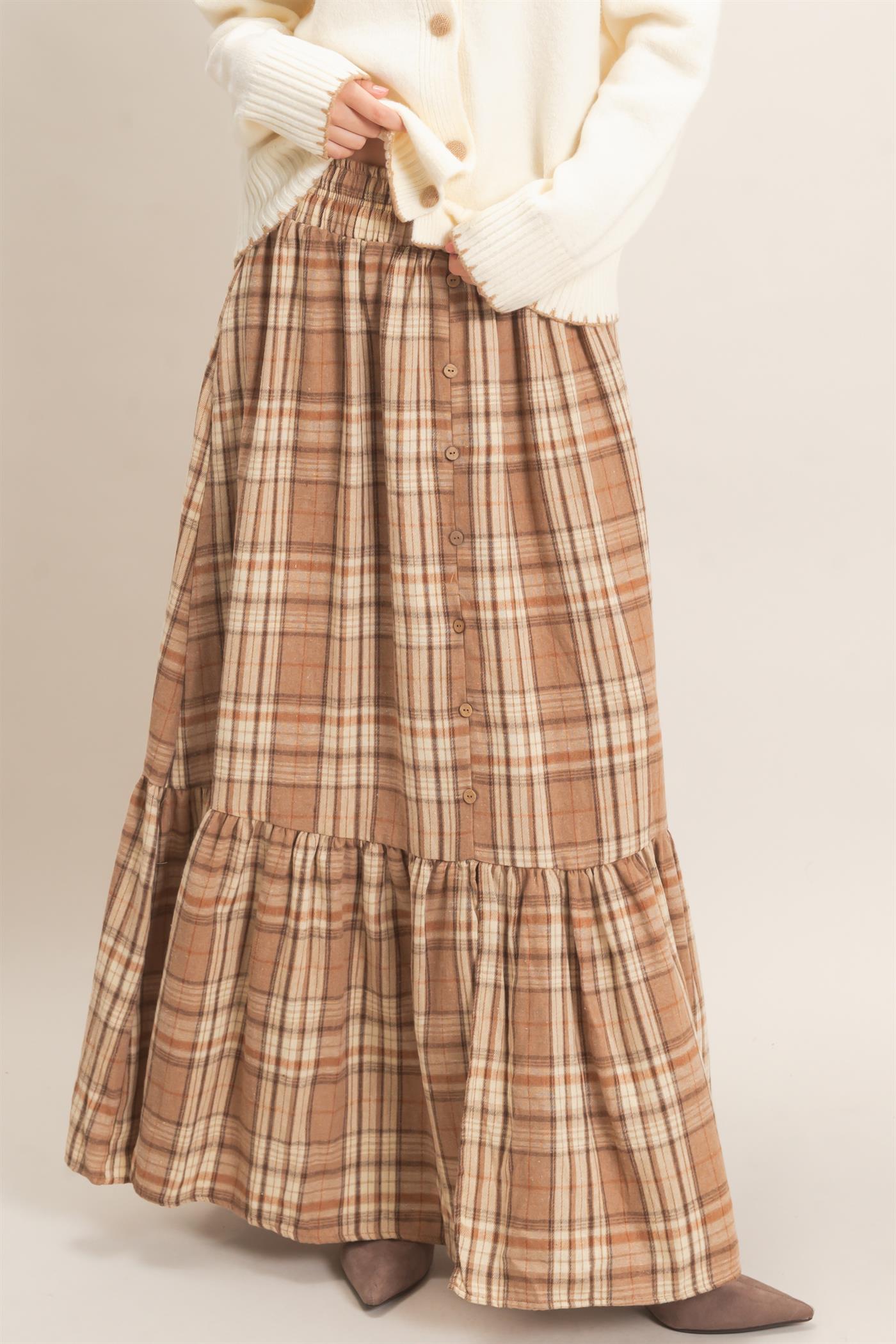 Wholesale Plaid Tiered Ruffle Skirt Skirts HF26E173 MOCHA HYFVE