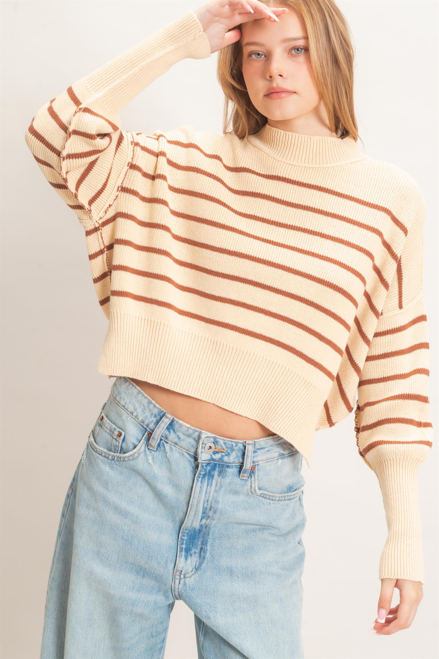 Wholesale Striped Mock Neck Cropped Sweater Sweaters HF26F192 BROWN HYFVE