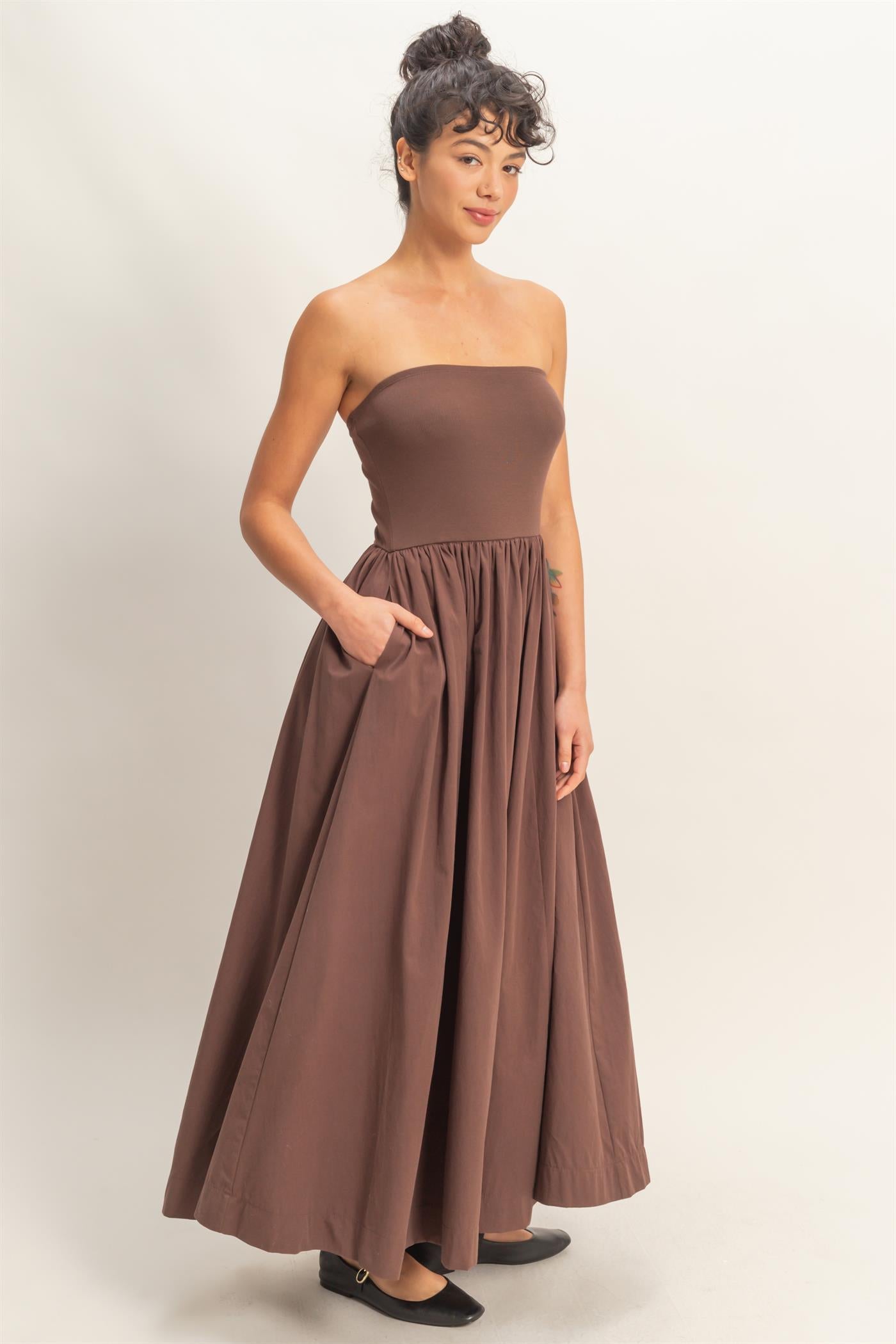 Wholesale Strapless Flowy Midi Dress Dresses DZ26A744 CHOCOLATE DOUBLE ZERO