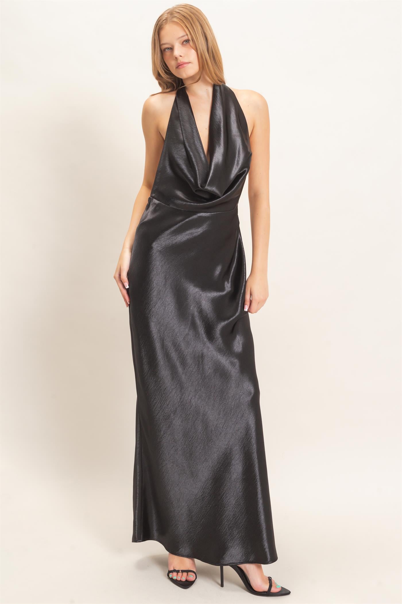 Wholesale Satin Cowl Neck Maxi Dress Dresses HF26F216-D BLACK HYFVE