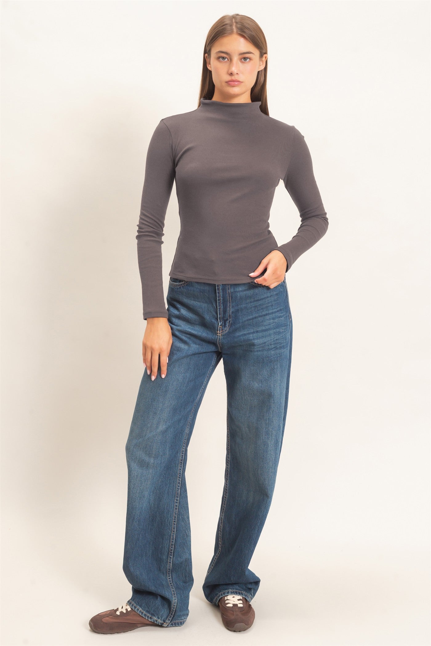 Wholesale Mock Neck Long Sleeve Top Clothing Tops DZ26F281 CHARCOAL DOUBLE ZERO