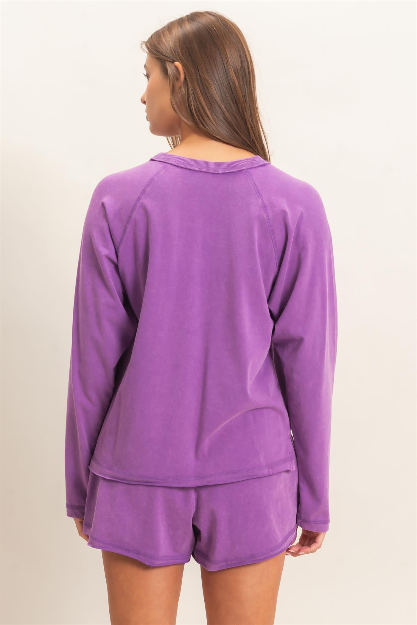 Wholesale Mineral Wash Long Sleeve Raw Edge Top & Shorts Set Clothing DZ26F403-SET PLUM DOUBLE ZERO
