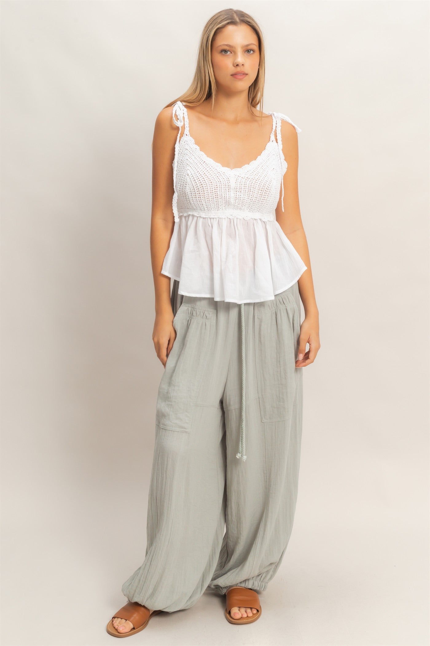 Wholesale Crochet Tie-Strap Peplum Top Clothing HF26A872 WHITE HYFVE