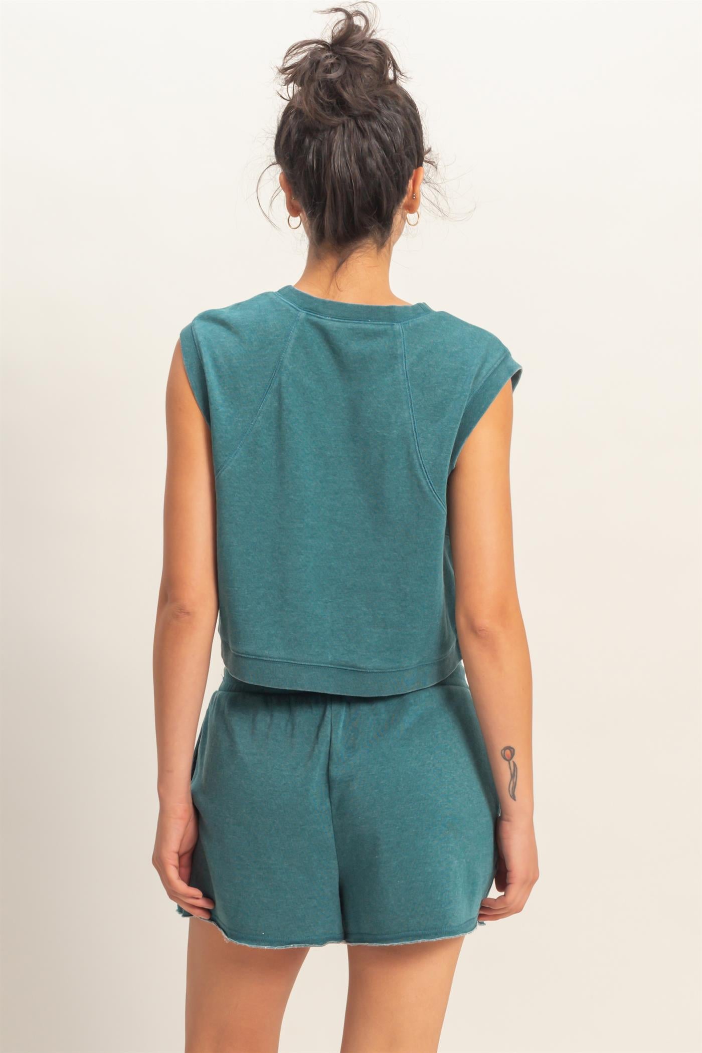 Wholesale Burnout French Terry Sleeveless Top & Shorts Set Clothing Tops DZ26A171-SET DARK TEAL DOUBLE ZERO