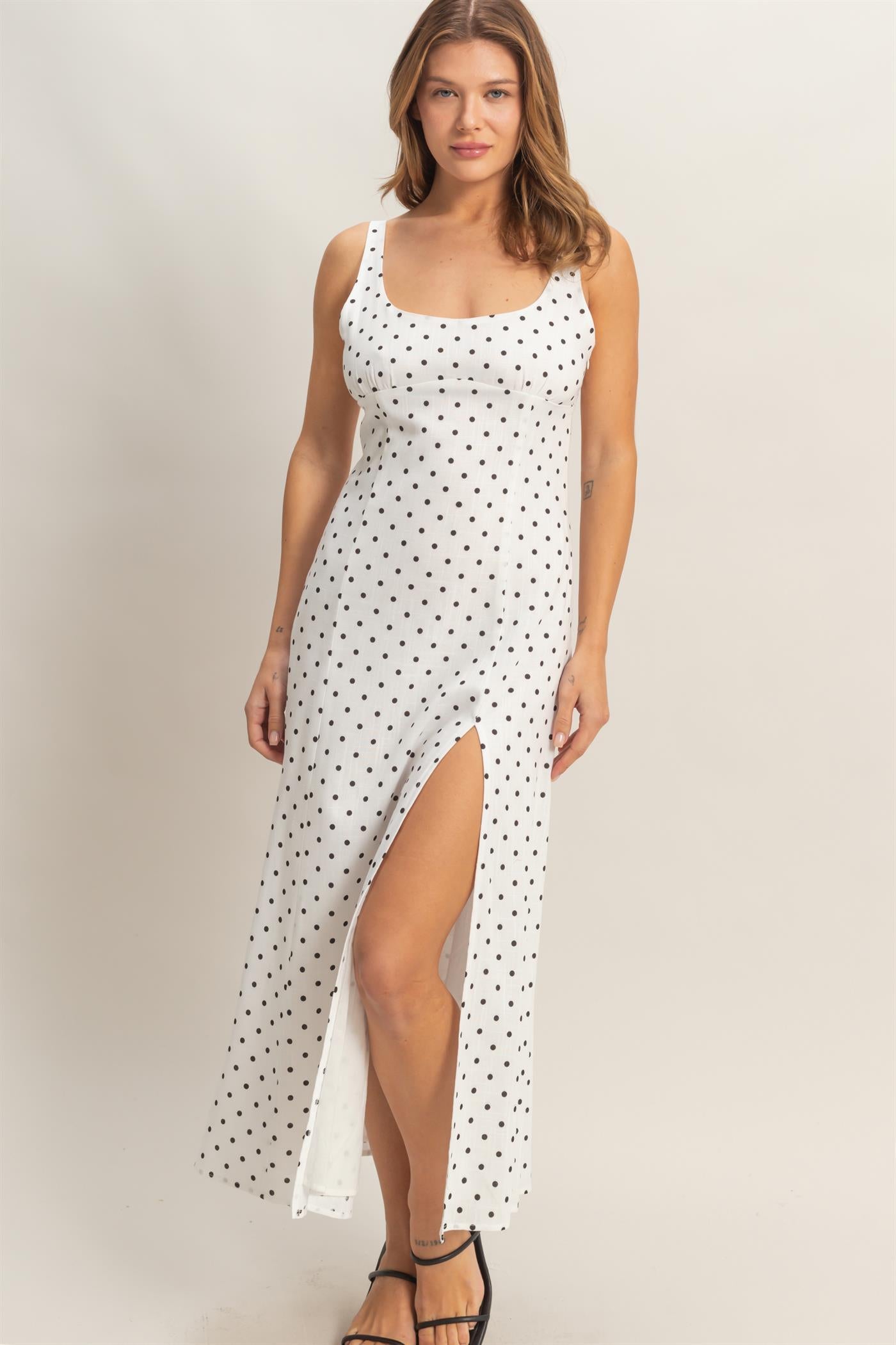Wholesale Polka Dot Scoop Neck Midi Dress Dresses HF26C268-D WHITE HYFVE
