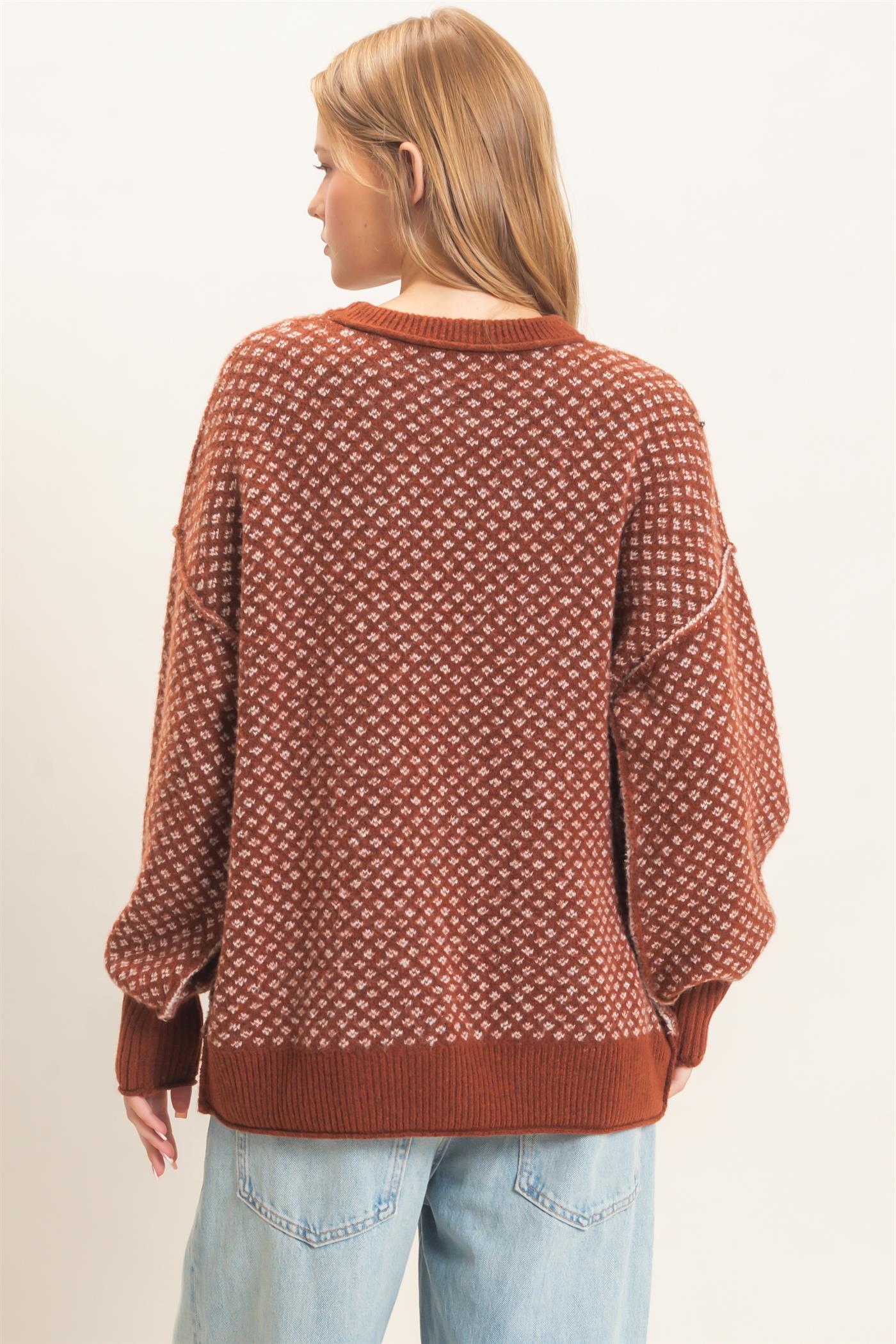 Wholesale Diamond Jacquard Knit Sweater Sweaters HF26E891 BROWN GINGER HYFVE