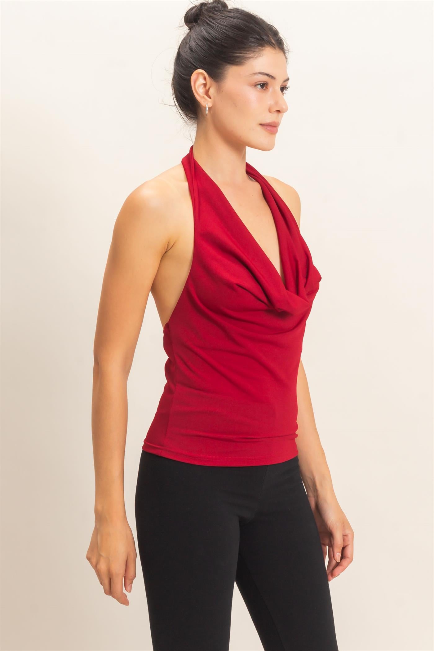 Wholesale Cowl Halter Neck Top Clothing Tops HF26E408 DARK RED HYFVE