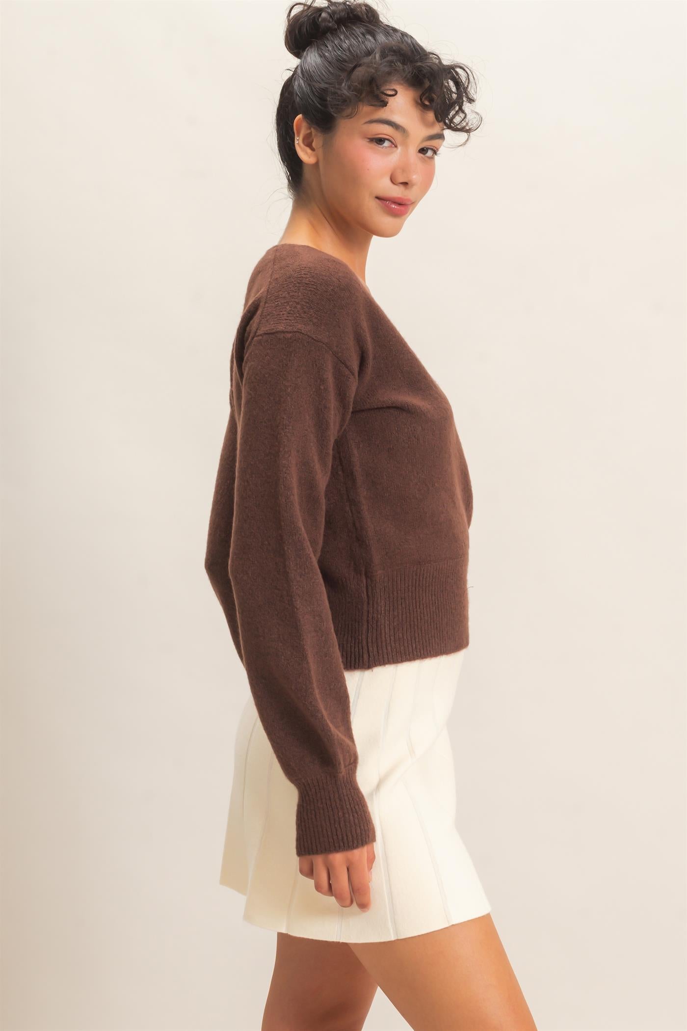 Wholesale Wrap V Neck Sweater Sweaters DZ26E948 DARK BROWN DOUBLE ZERO