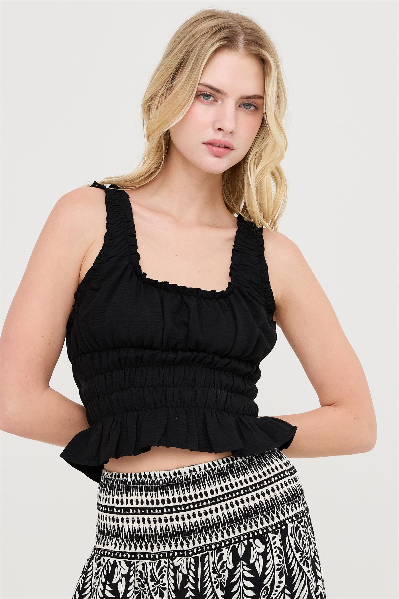 Wholesale Ruched Square Neck Smocked Top Clothing Tops HF26E388-D BLACK HYFVE