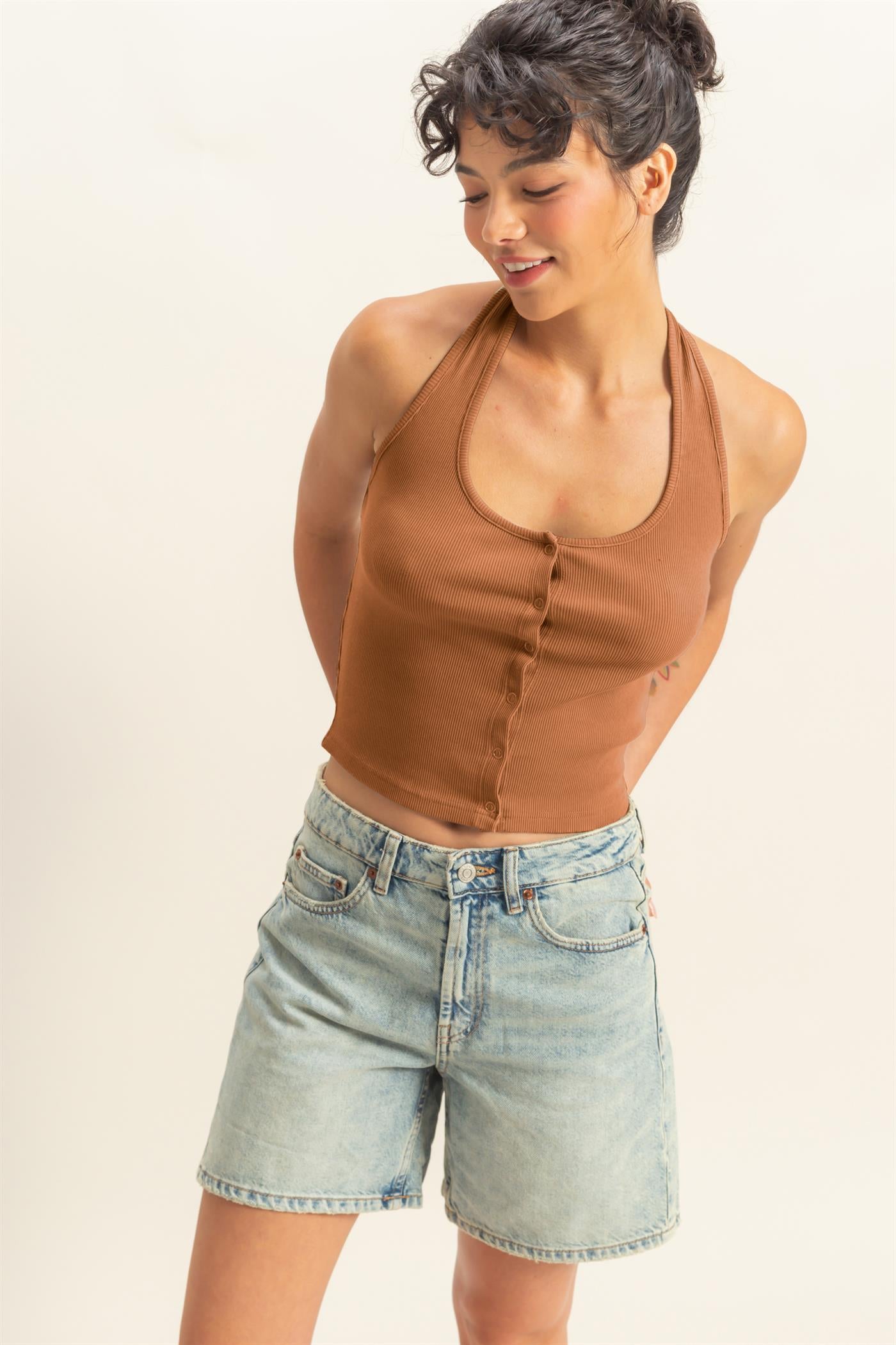 Wholesale Halter Neck Buttoned Washed Tank Top Clothing Tops DZ25A293 CHESTNUT DOUBLE ZERO