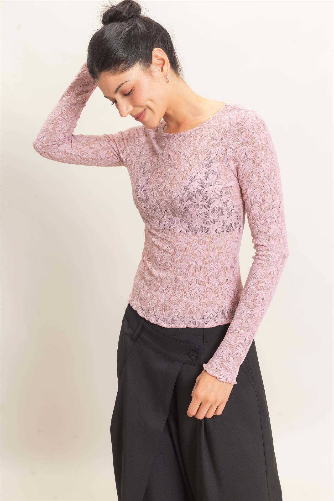 Wholesale Floral Lace Long Sleeve Top Clothing Tops HF26E309 LIGHT MAUVE HYFVE