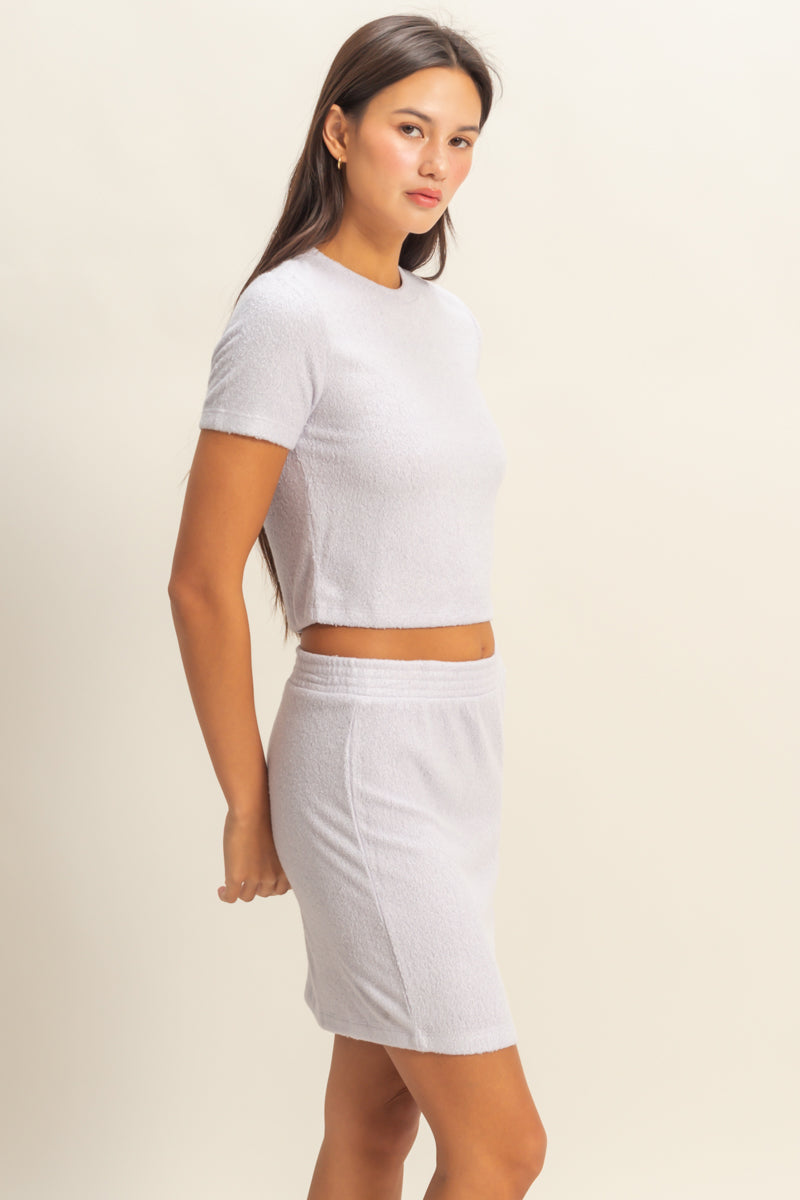 Wholesale Short Sleeve Tee And Mini Skirt Set Clothing DZ22C159-SET PASTEL VIOLET DOUBLE ZERO