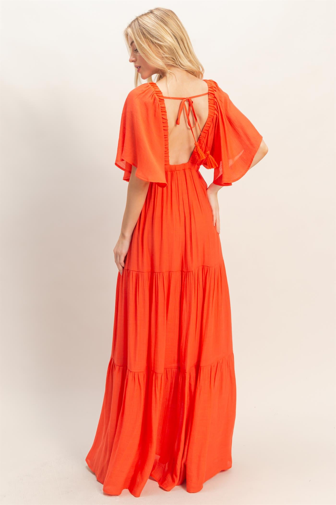 Wholesale Flutter Sleeve Maxi Dress Dresses HF26C285-D ORANGE RED HYFVE